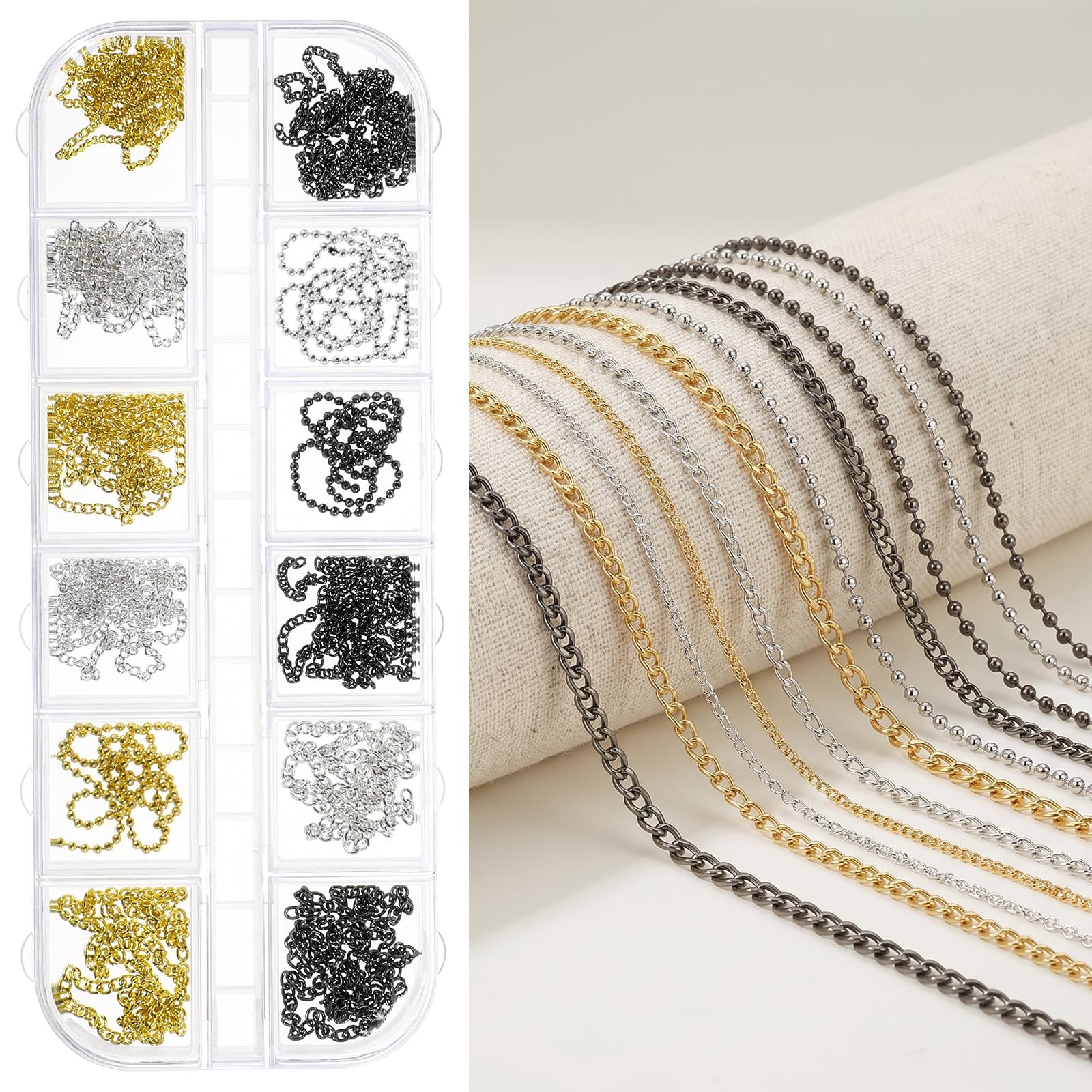 12 Strips Metal Nail Chains for Nail Art, 3D Gold Silver Black Chain Nails Ch…