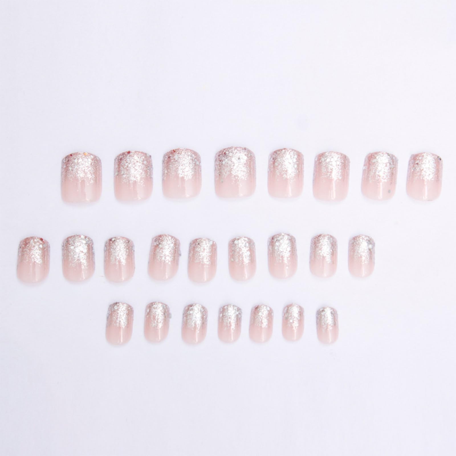 24Pcs Glitter Silver French Press on Nails Short Square Fake Multicolor