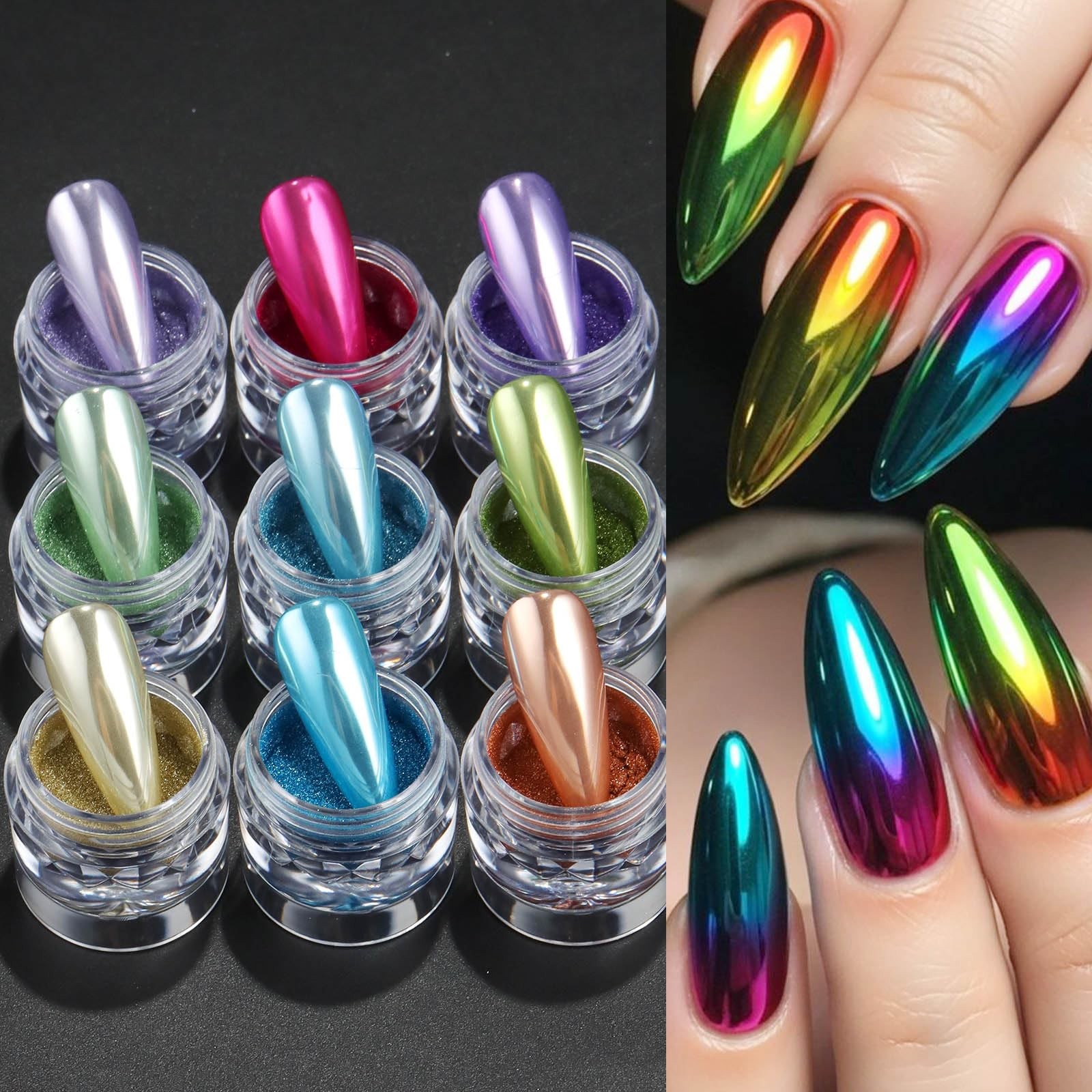 Chrome Mirror Effect Nail Powder Set, 9 Colors Metallic Pearlescent Nail Glit…
