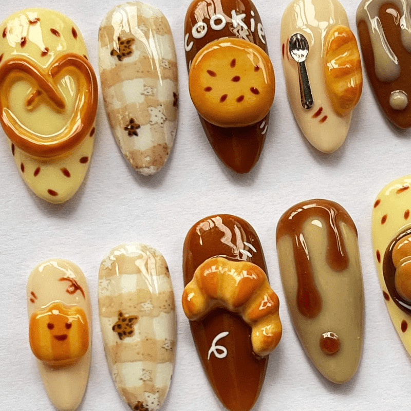 Cookie Croissant Handmade Press on Nails Bread Drip Food Cute Gloss Fake Nails