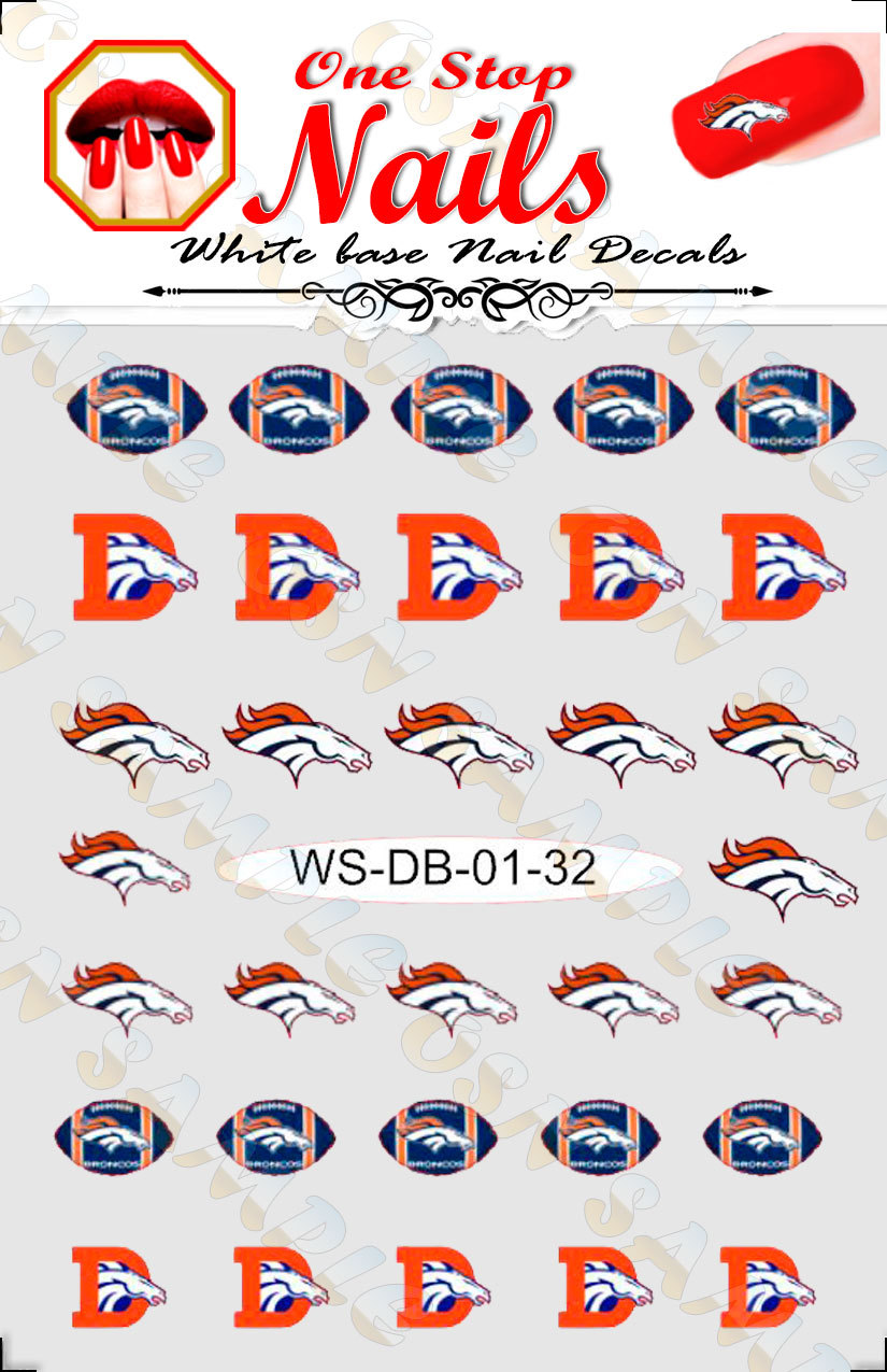 Denver Broncos Vinyl Peel & Stick Nail Art Decals pre-cut white BG WS-DB01-32