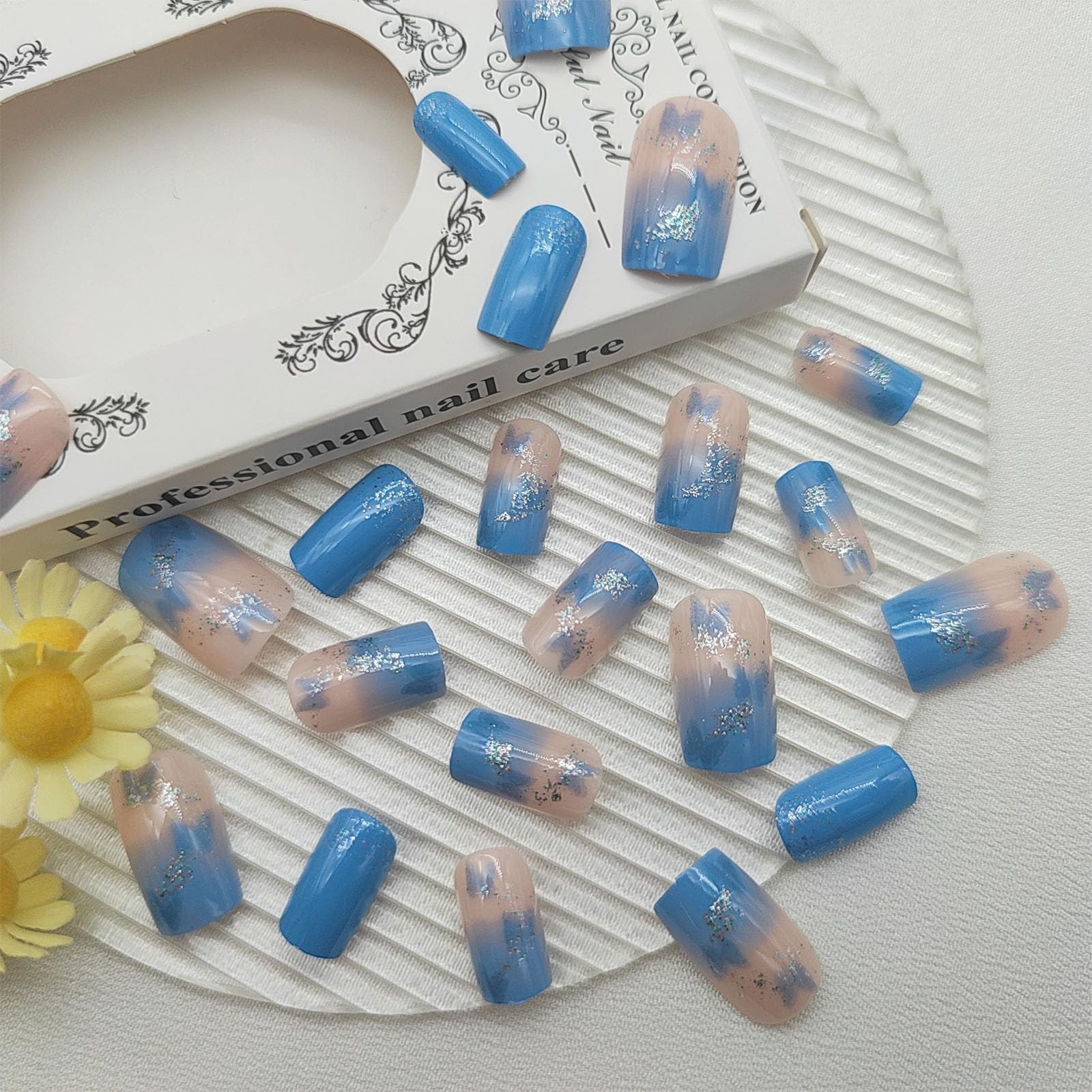 Gradient Press on Nails Medium Square Fake Nails with Glitter Butterfly Desig…