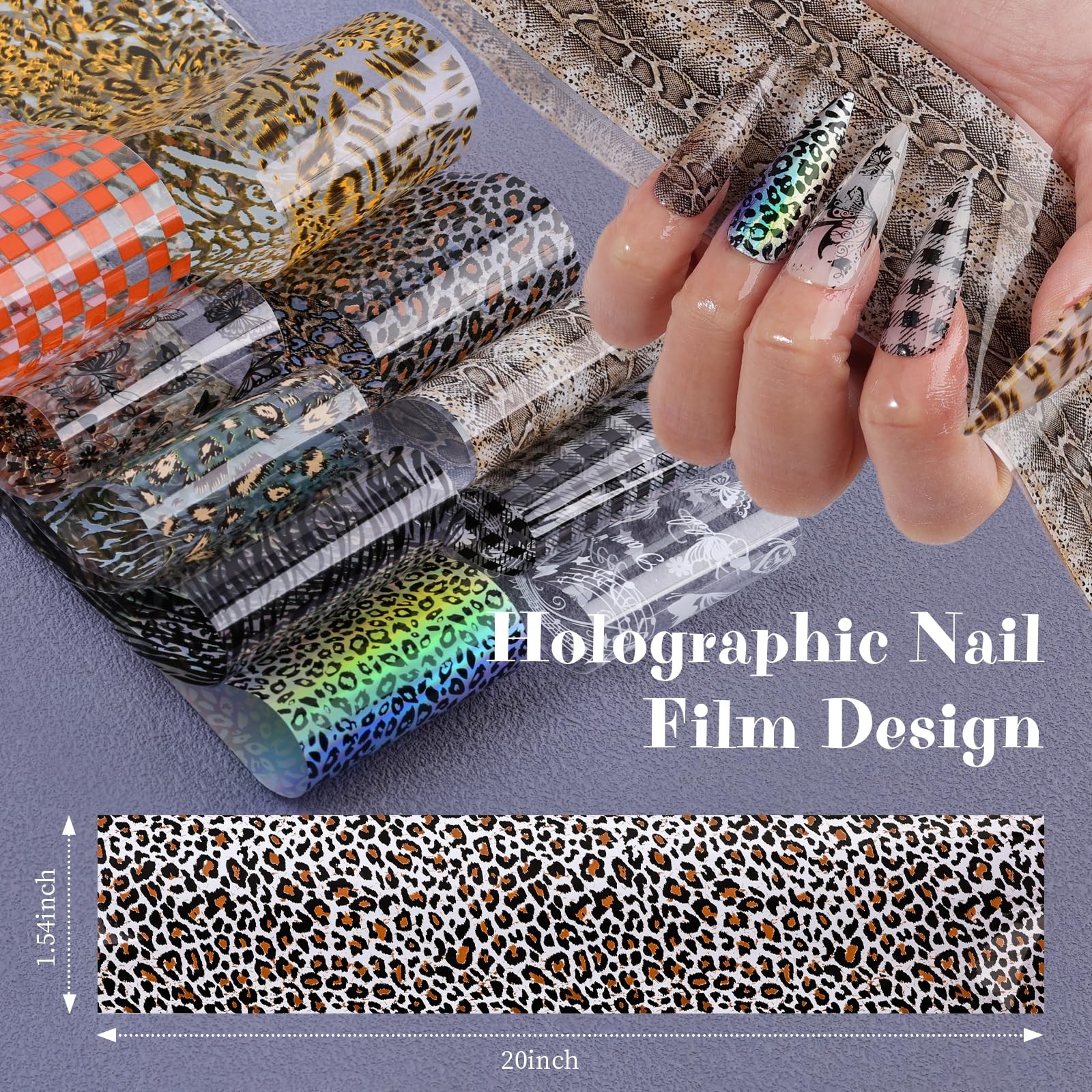10 Rolls Nail Art Foils Transfer Stickers, Butterfly Plaid Snake Leopard Lace…