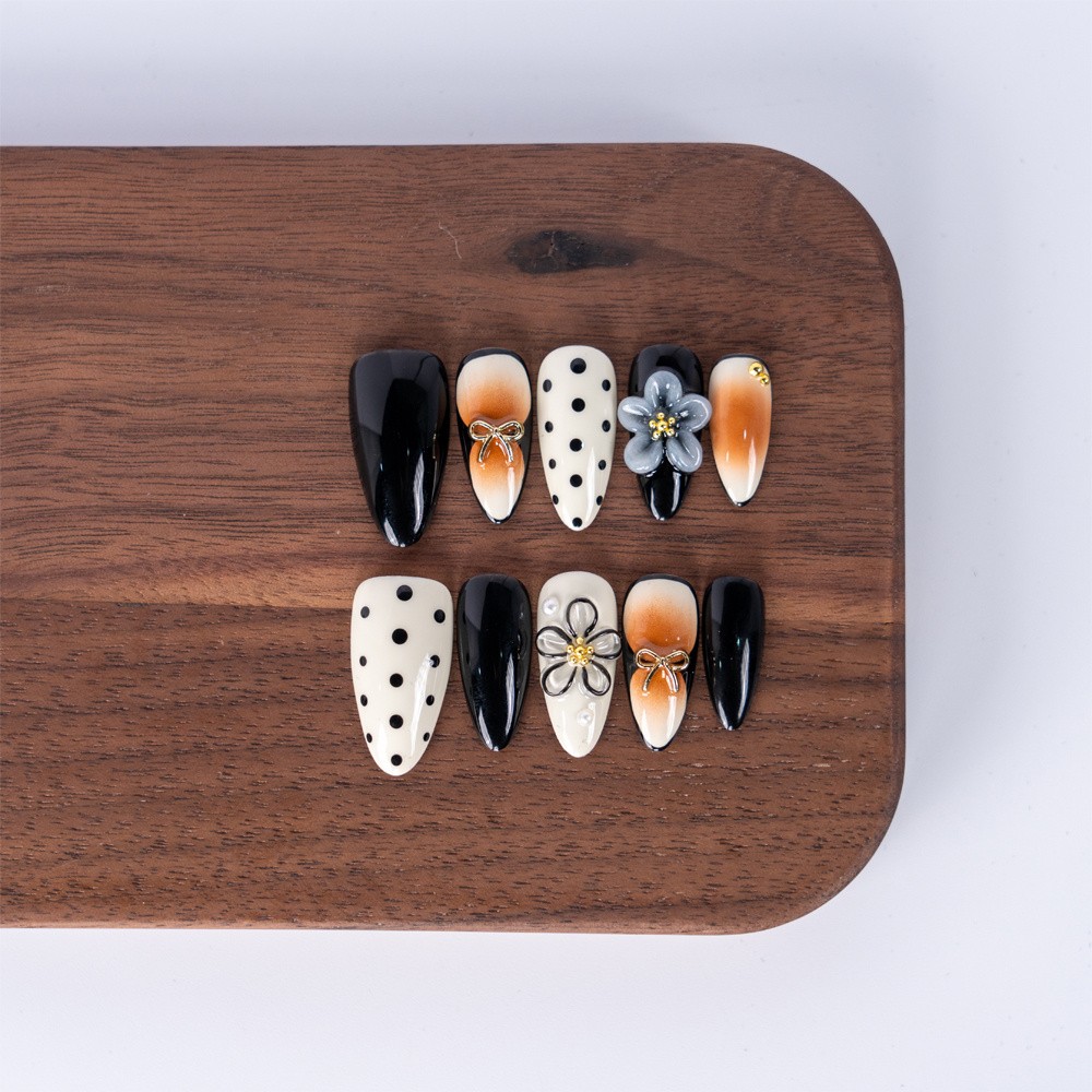 10pcs Black White Brown Almond Nails 3D Polka Dot Flower Unique Design
