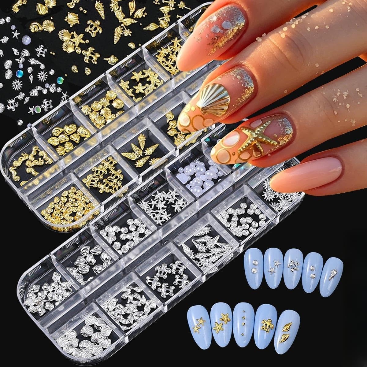 2Boxes 3D Summer Nail Charms Gold and Sliver Nail Art Charms with Starfish Se…