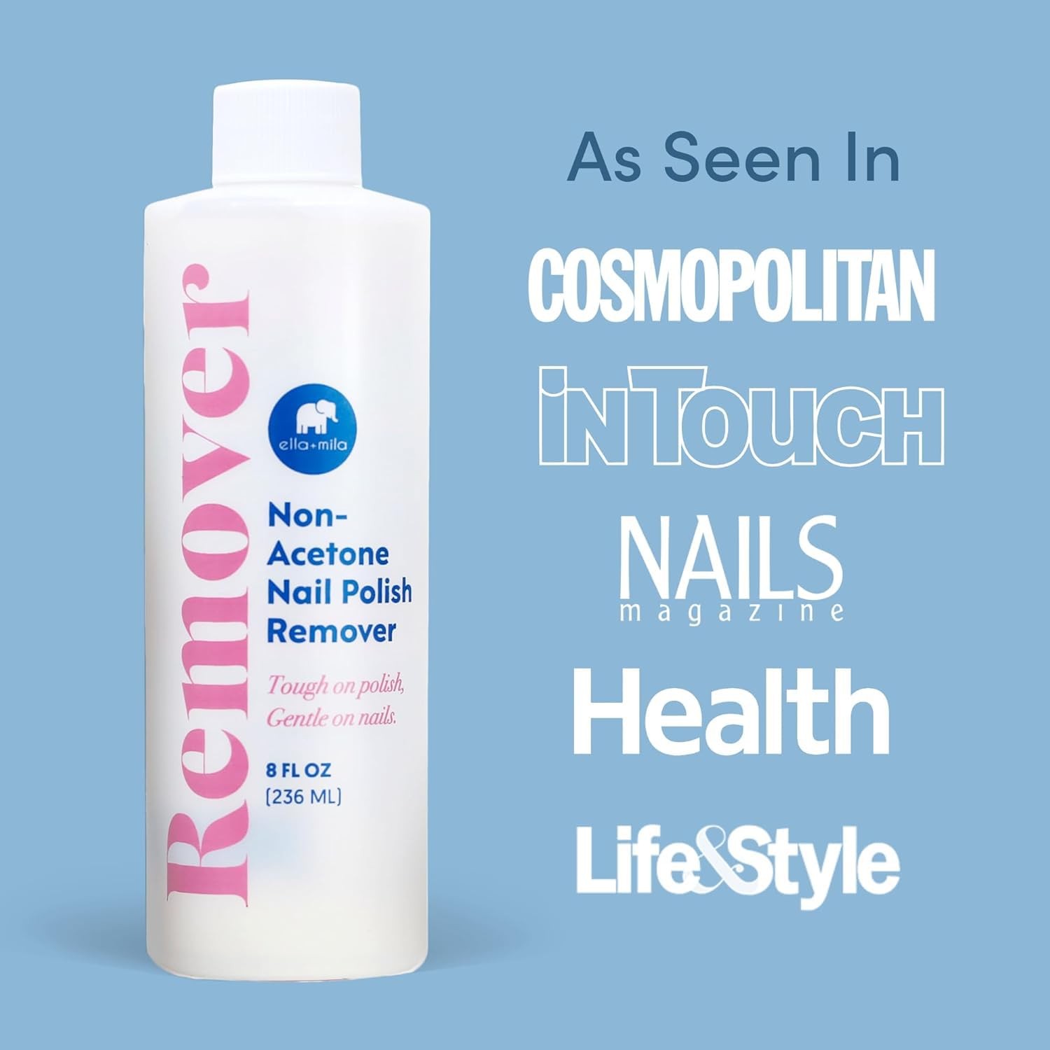 ella+mila Non-Acetone Nail Polish Remover – Gentle, 8 Fl Oz (Pack of 1)