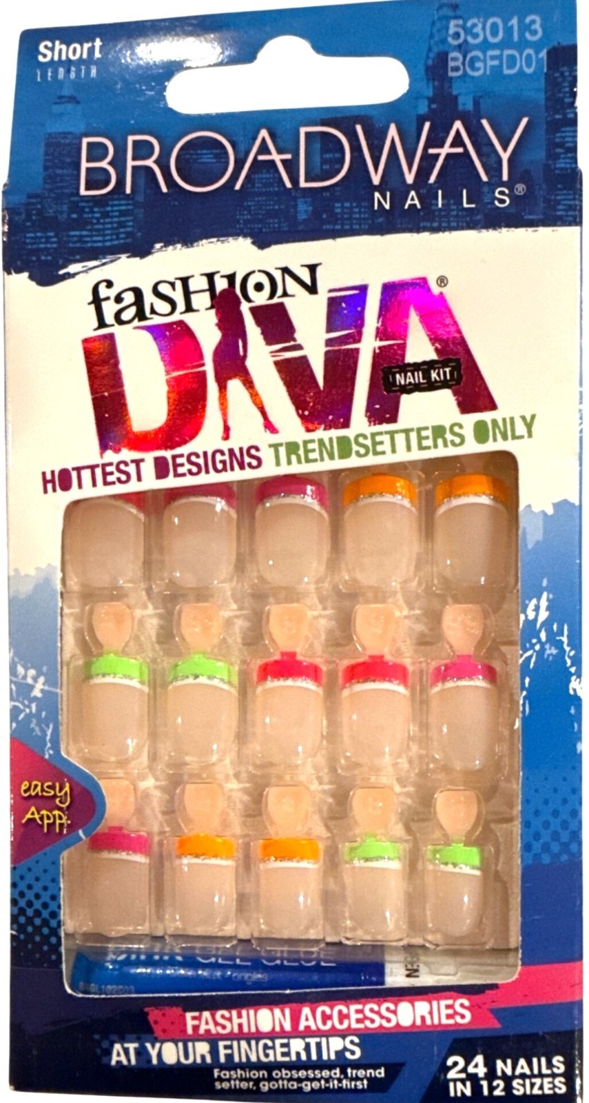 BROADWAY Press-On 24 Nails FASHION DIVA Short SQUARE French Green+Pink+Orange