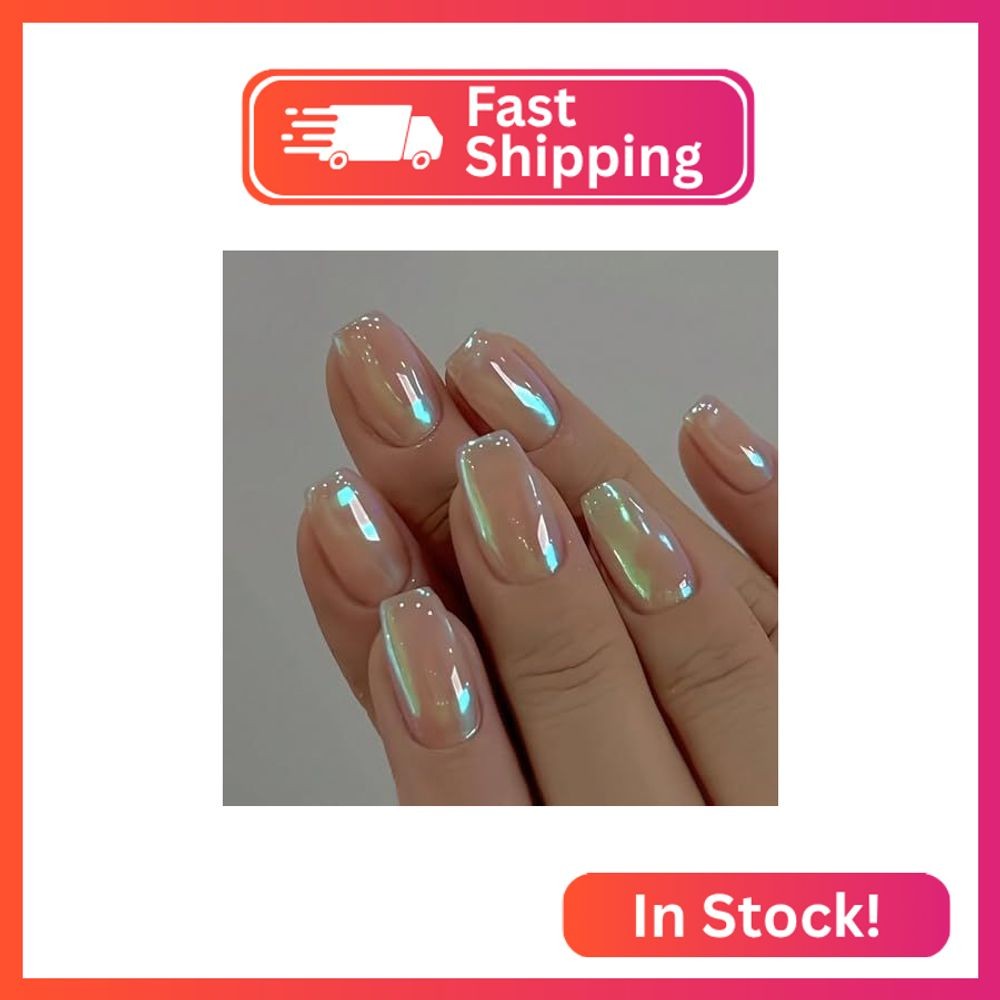 KQueenest Chrome Press On Nails Short Coffin, Sparkly Glitter Fake Nails With Gl