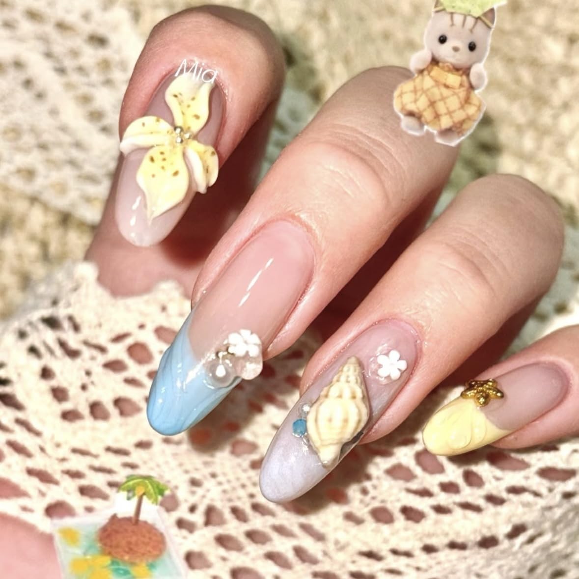 French Tip Press on Nails Long Almond Summer Fake Nails with 3D Hibiscus Flow…