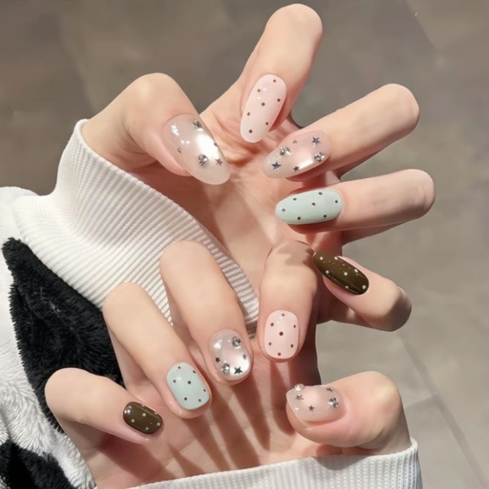 10Pcs Short Square Oval Two Tone Cat Eye Nails Korean Style Daily Nails