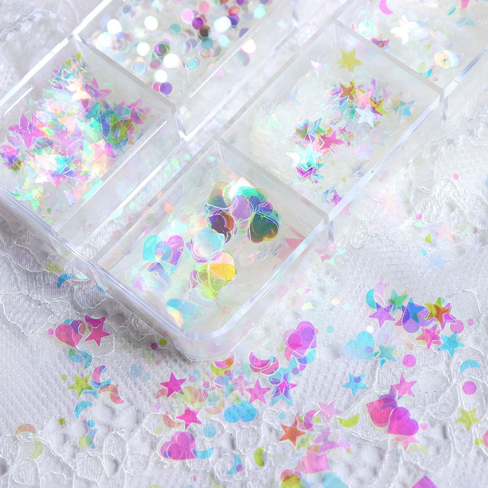 6 Grids Nail Art Glitter Sequins Star Moon Heart Butterfly DIY Nails Decoration