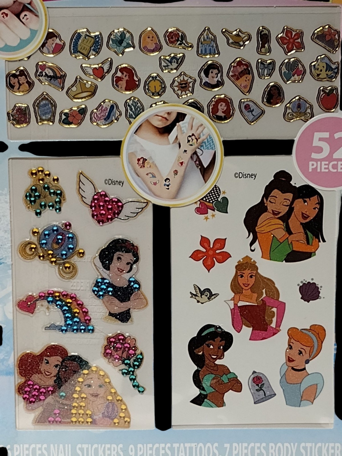 3 Disney Princess Kids Cartoon NAIL BODY STICKER ART SET Temporary Tattoos Decal