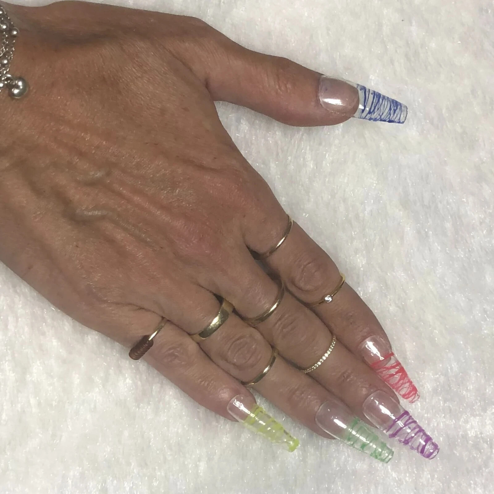 Long rainbow glow in the dark tips- Press on nail set- Size 0-8, Ex-long Balleri