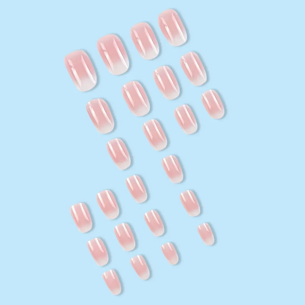 24Pcs Press On Nails Short Oval Pink White Ombre Minimalist False Nail Set Women