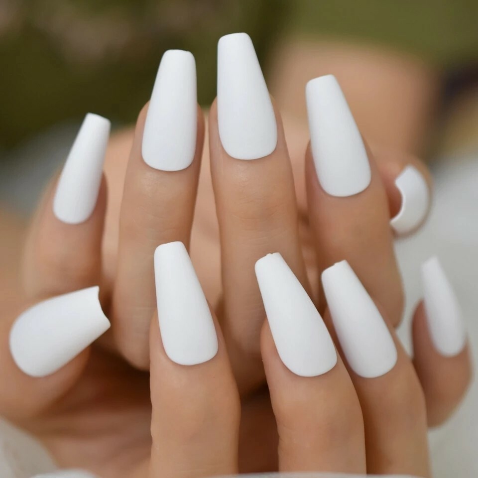 White Press On Nails Glue On Matte or Glossy Long Coffin 24