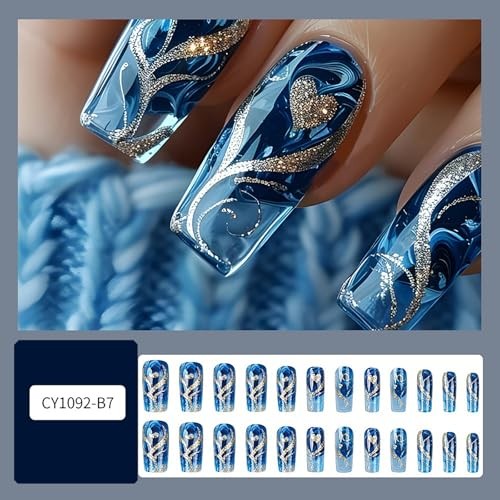 Blue Press on Nails Gradient Fake Nails Silvery Glossy Shiny Stripe Stick CEL10