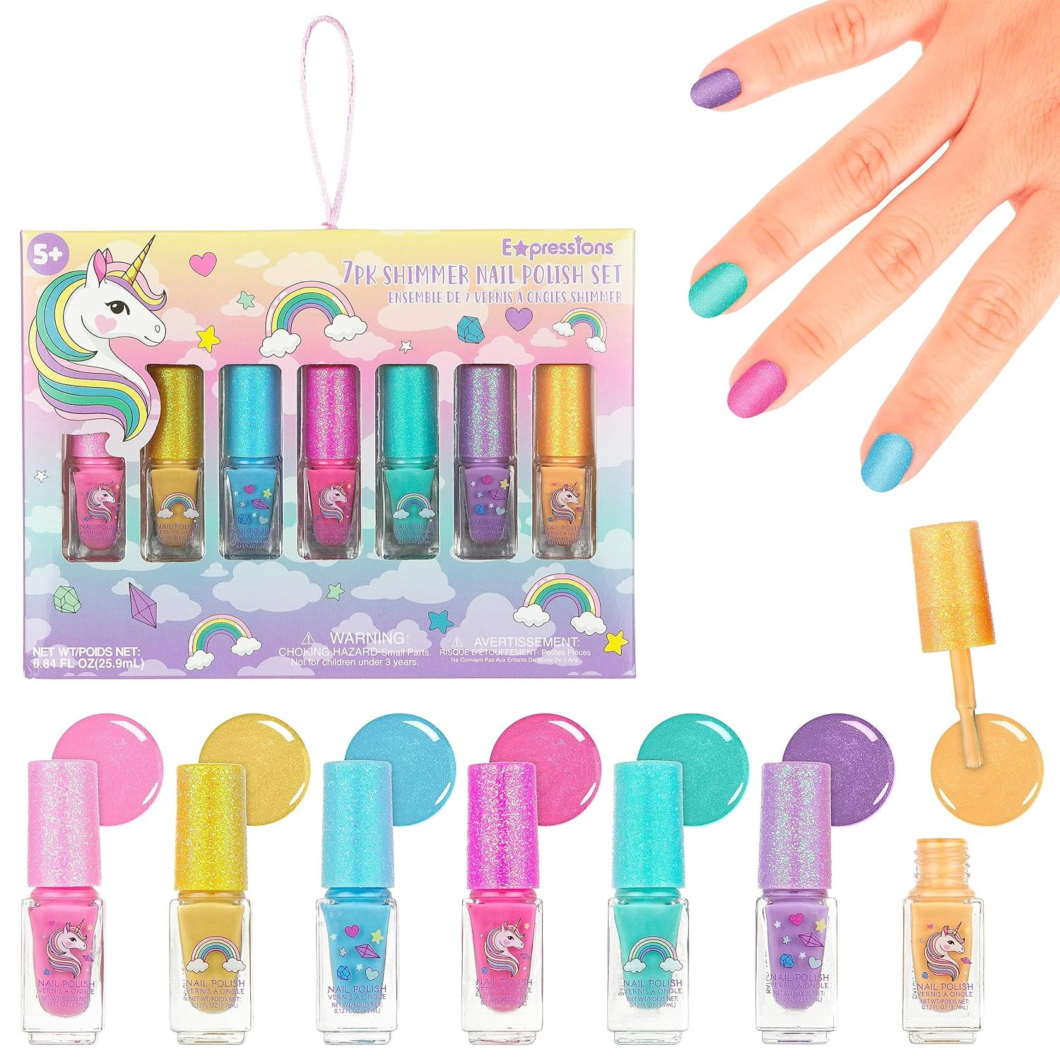 7Pc Unicorn Shimmer Nail Polish Set for Girls – Glitter Cap, Non-Toxic Quick Dry
