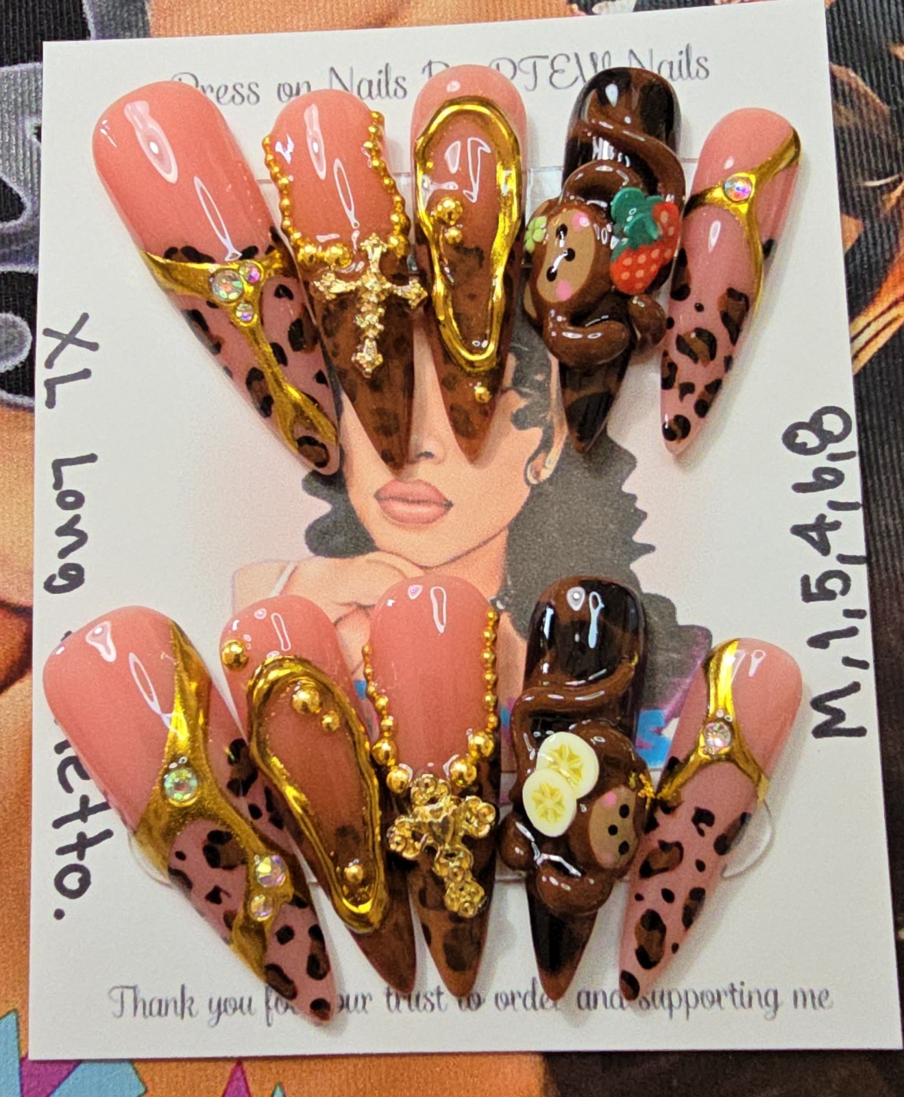 Handmade Gel Press On Nails,Naughty Monkey, Medium Size 1,5,4,6,8 XL Long Stilet