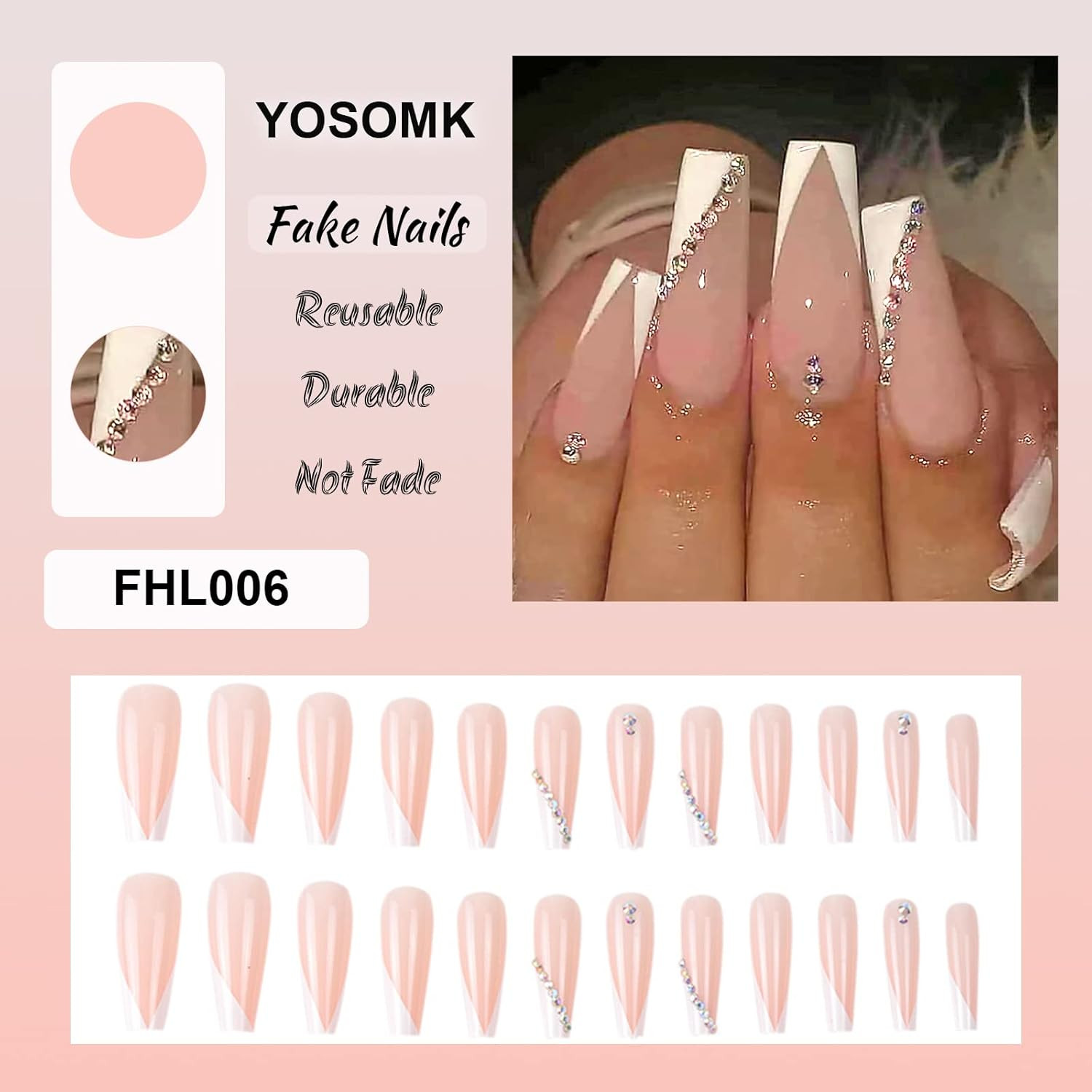 Elegant French Tip Press-On Nails with Pink & White Rhinestones, Coffin Shape
