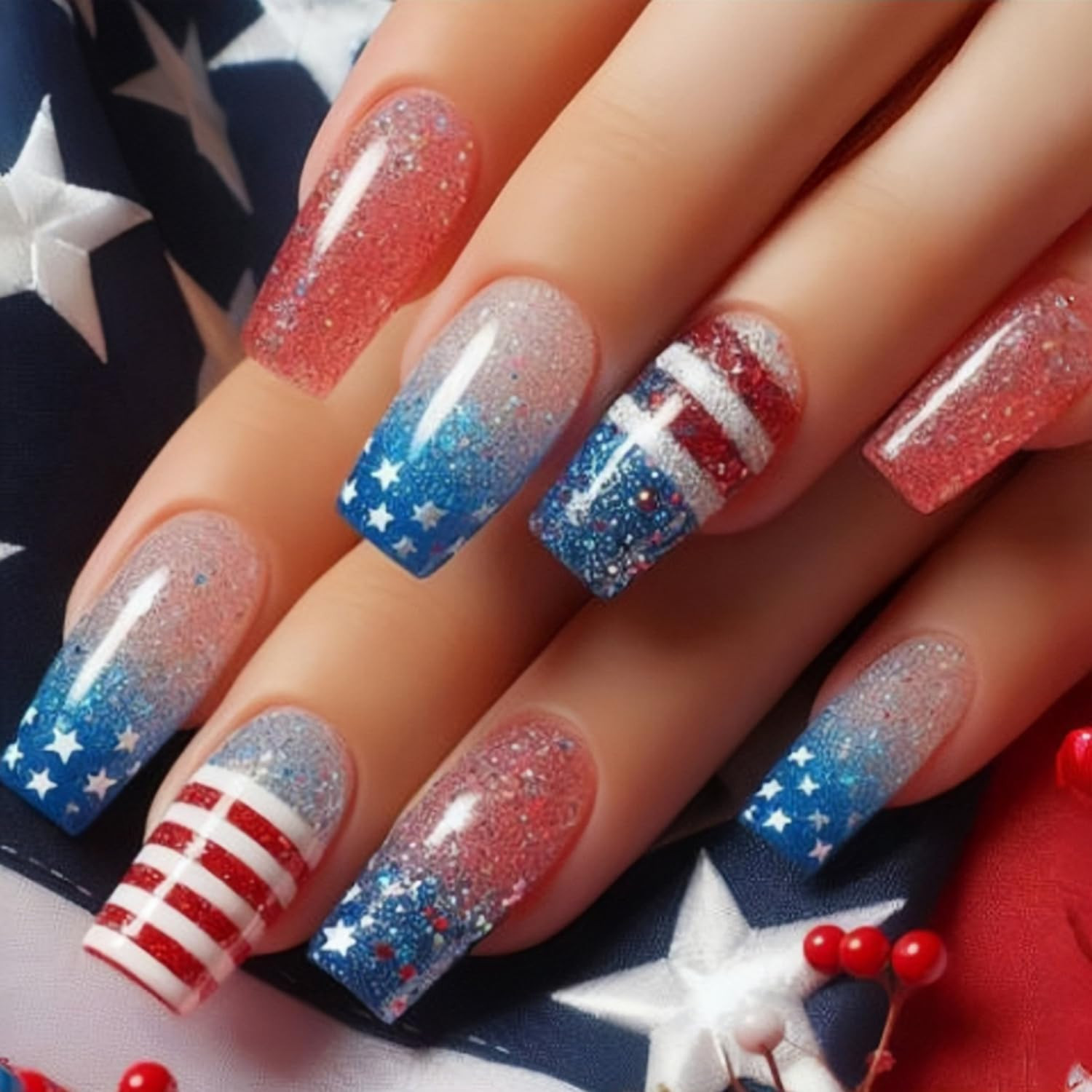 Independence Day Press on Nails Medium Square Stars Glitter Powder Sequins Desig