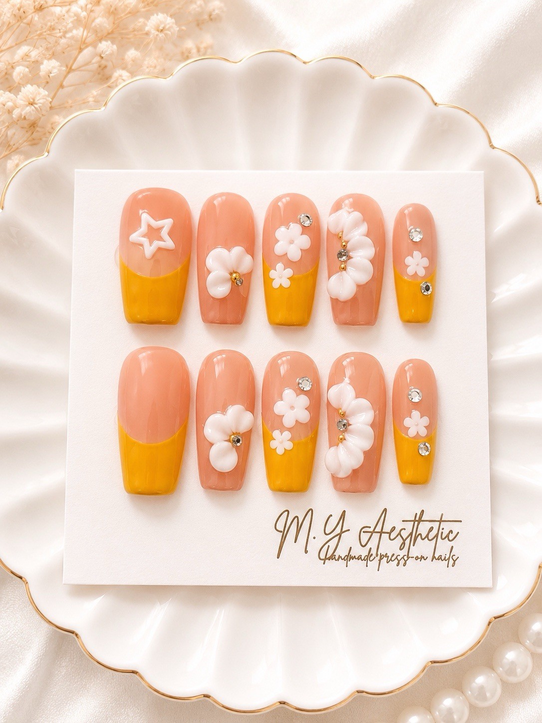 Press-On Nails Medium Square 3D Floral Pre-Designed Set, Peach Yellow White
