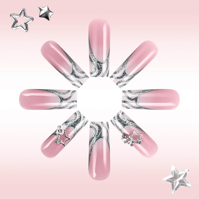 48 Sweet Pink Silver Star Fake Nails Removable Fake Nail Art, Suitable for Women