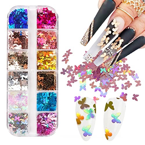 12 Grids Holographic Butterfly Nail Art Glitter Sequins 3D Sparkly Laser