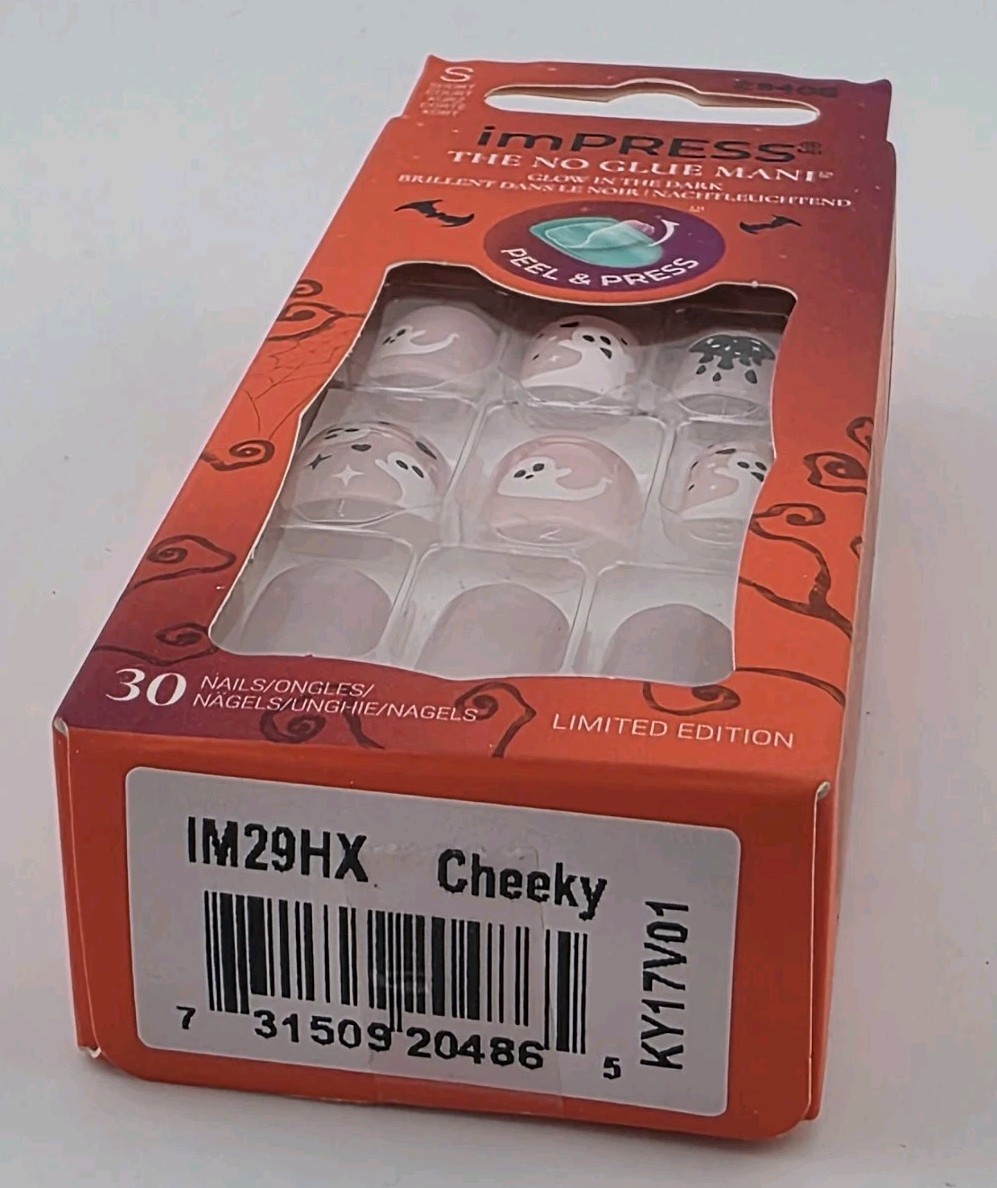 Impress No Glue Mani Pink Cheeky Ghosts Dripping Heart Glow In Dark Short 30ct