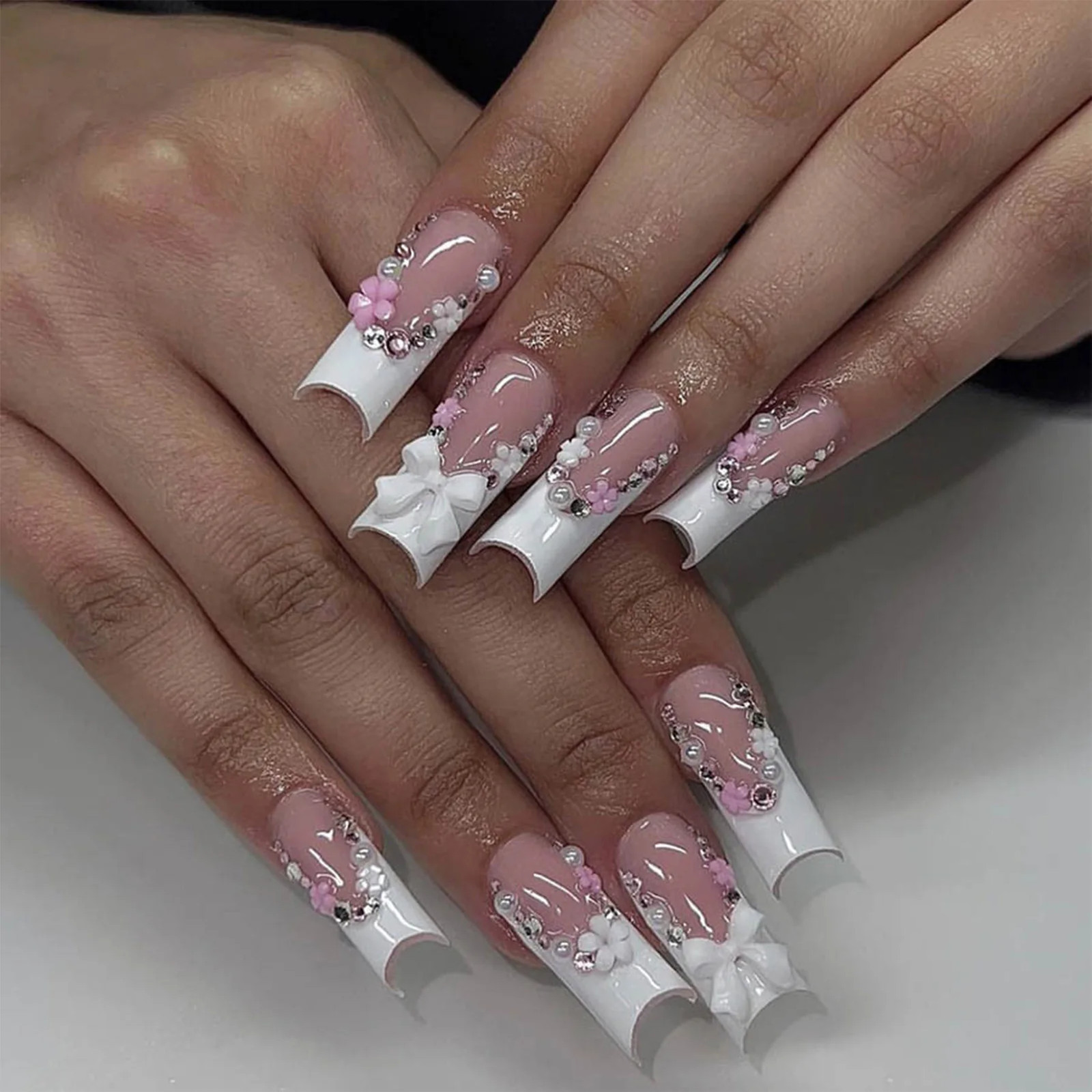24Pcs White French Rhinestone Pearl Wedding Press On Nails