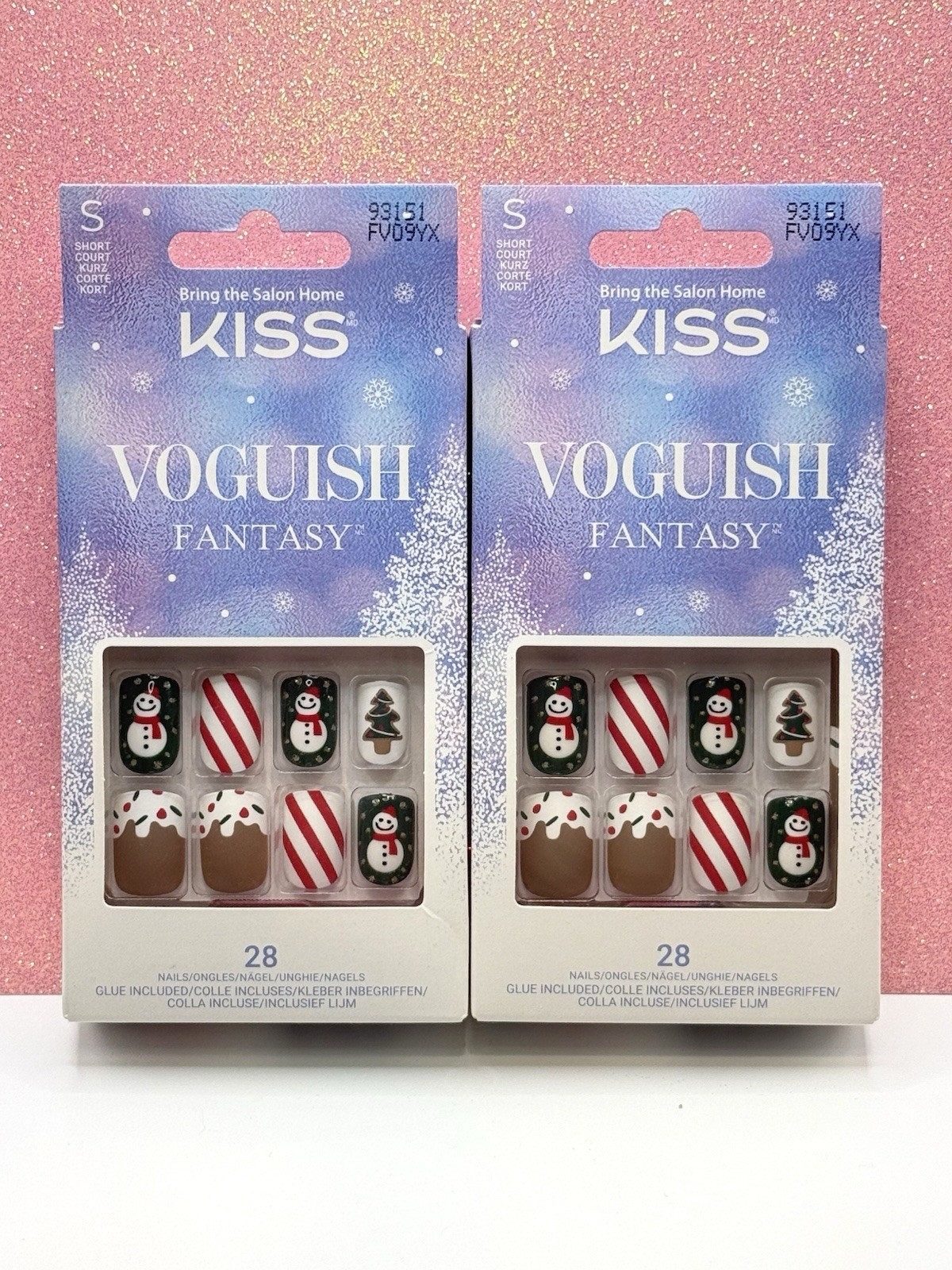 Kiss Voguish Fantasy Press-On Nails Short Holiday Green White Snowman Tree 2pack