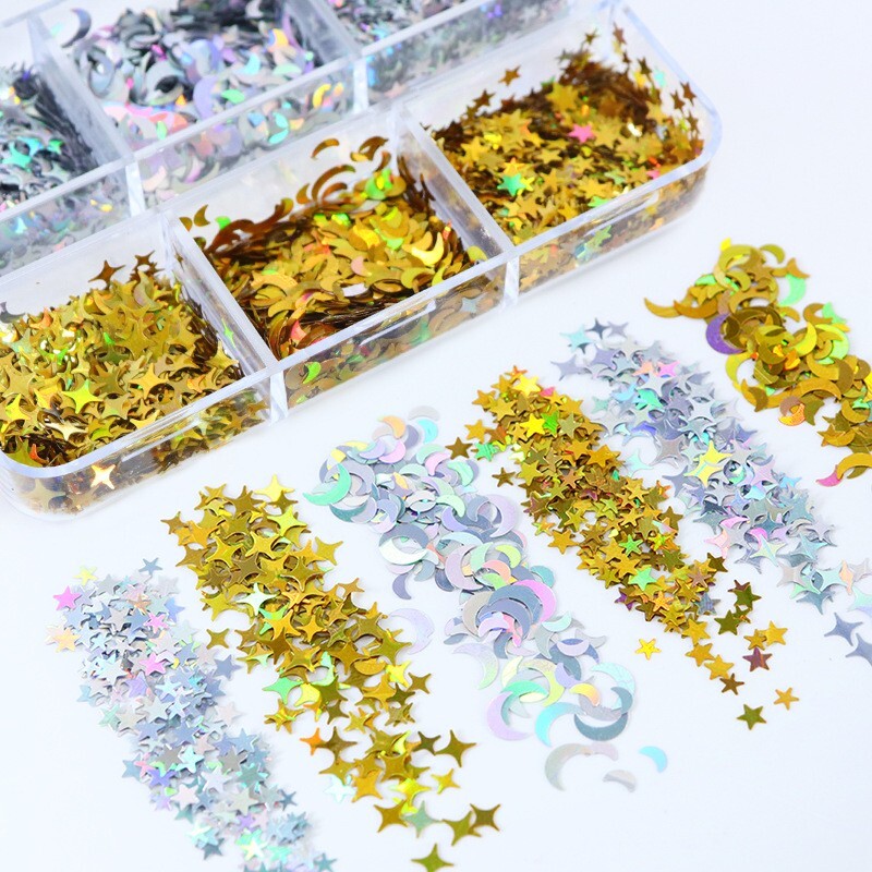 6 Grids Nail Art Sequins Glitter Star Moon Flakes Decoration Set for Nail Tips