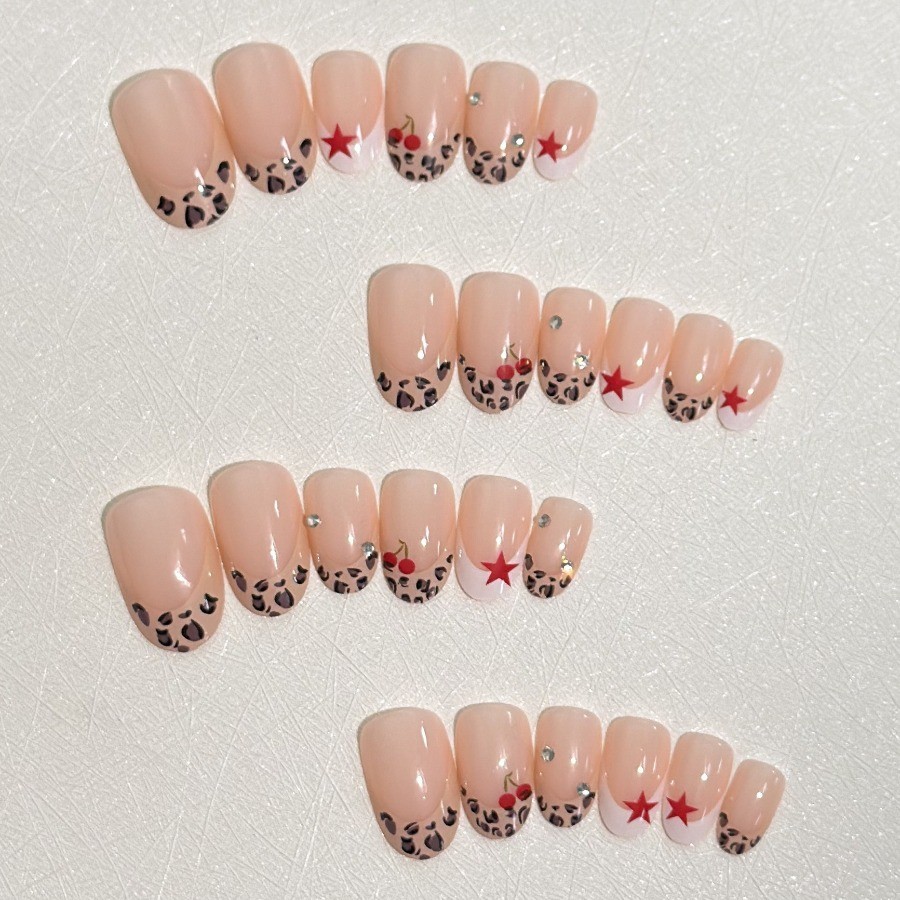 48Pcs-Short Round Nude Leopard Print French Cherry Rhinestone Press on Nails