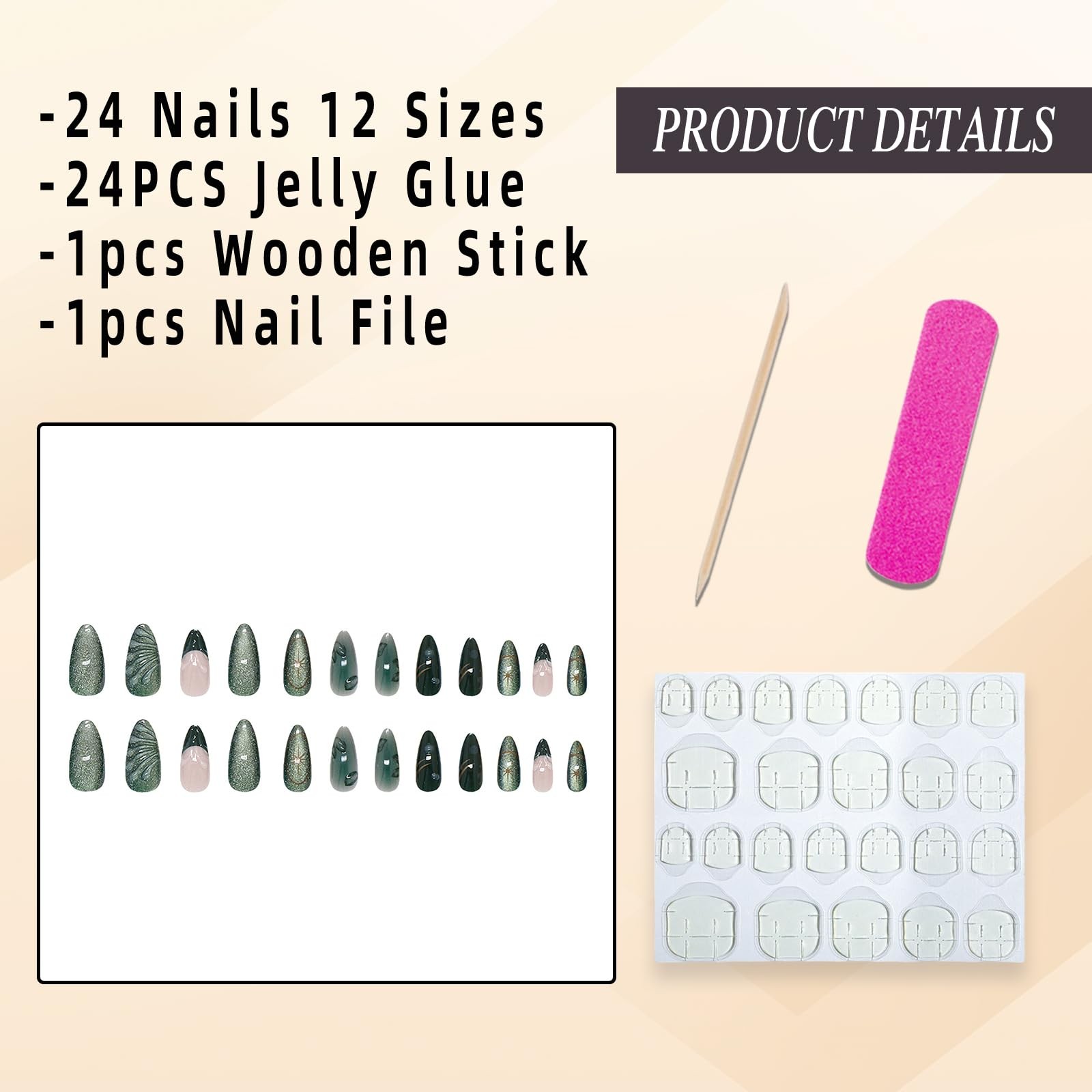 Jremg Green Press on Nails Medium Almond Fake Almond, Multicolor