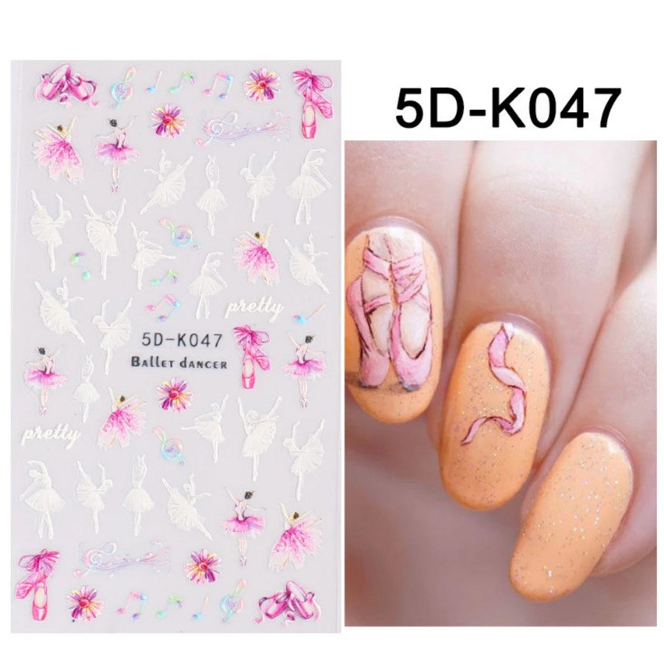 Rose Butterfly Ballet Dancer 5D Nail Stickers Embossed Decal Nail Art Decoration