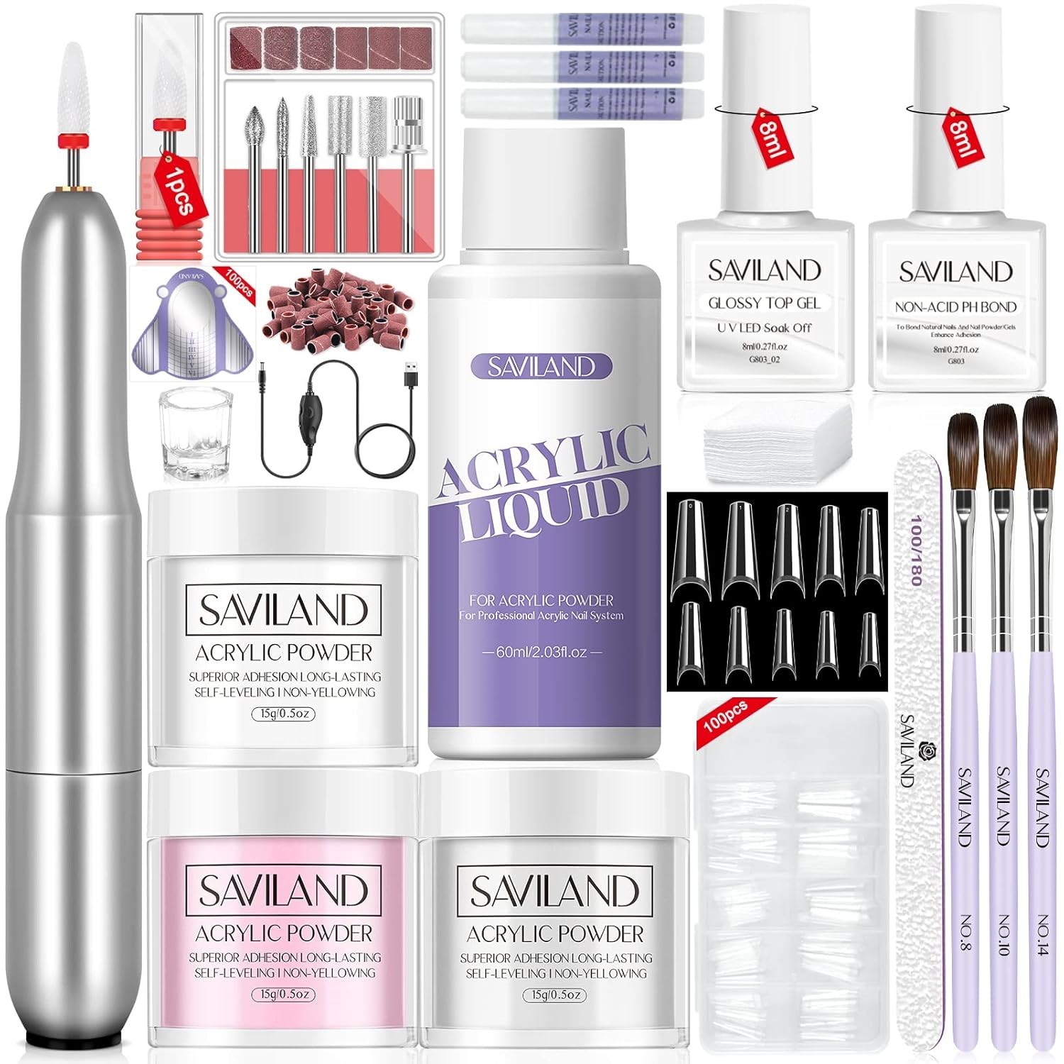 Acrylic Nail Kit with Drill: 15g White Pink Clear Acrylic Powder and Liquid S…