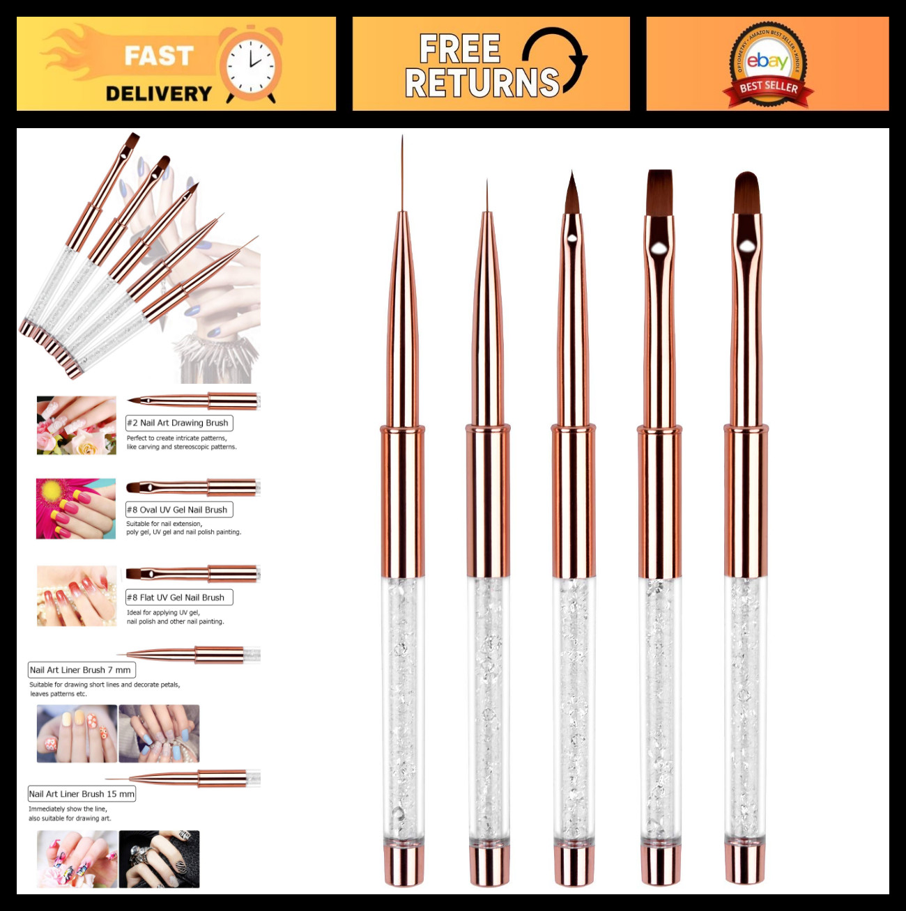 5pc Nail Art Brush Set – Rose Gold Rhinestone Handles, Gel Polish & Liner Brushe