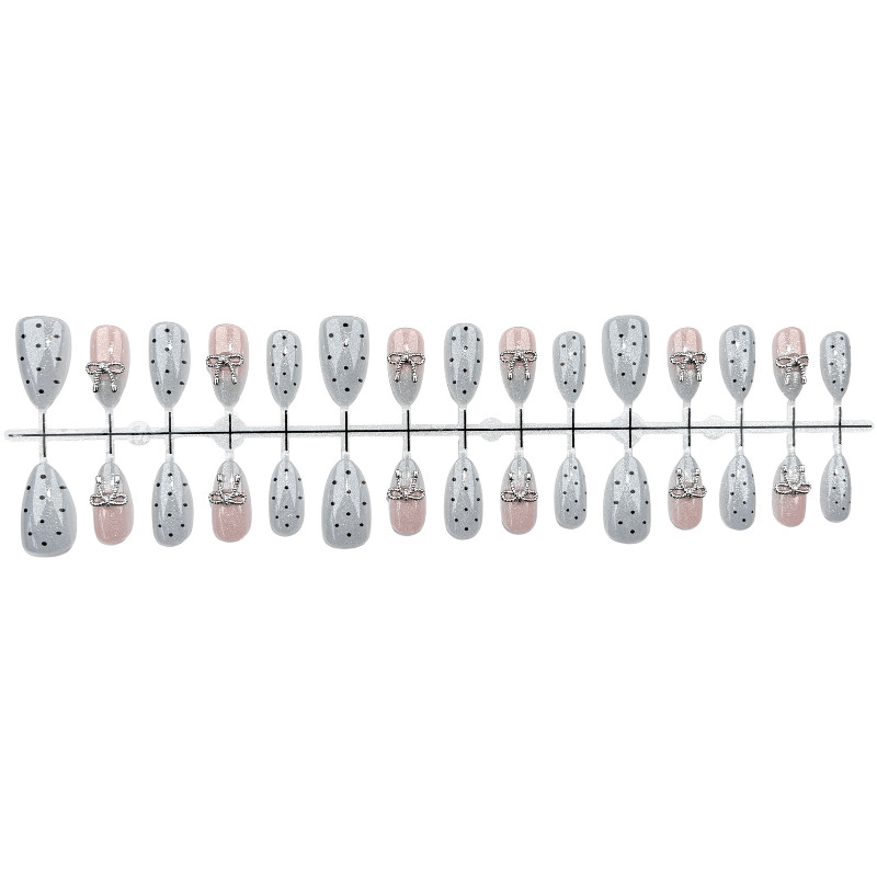 60pcs Short Oval Press on Nails, Silver Glitter Black Dot Metal Bow Sweet Nails
