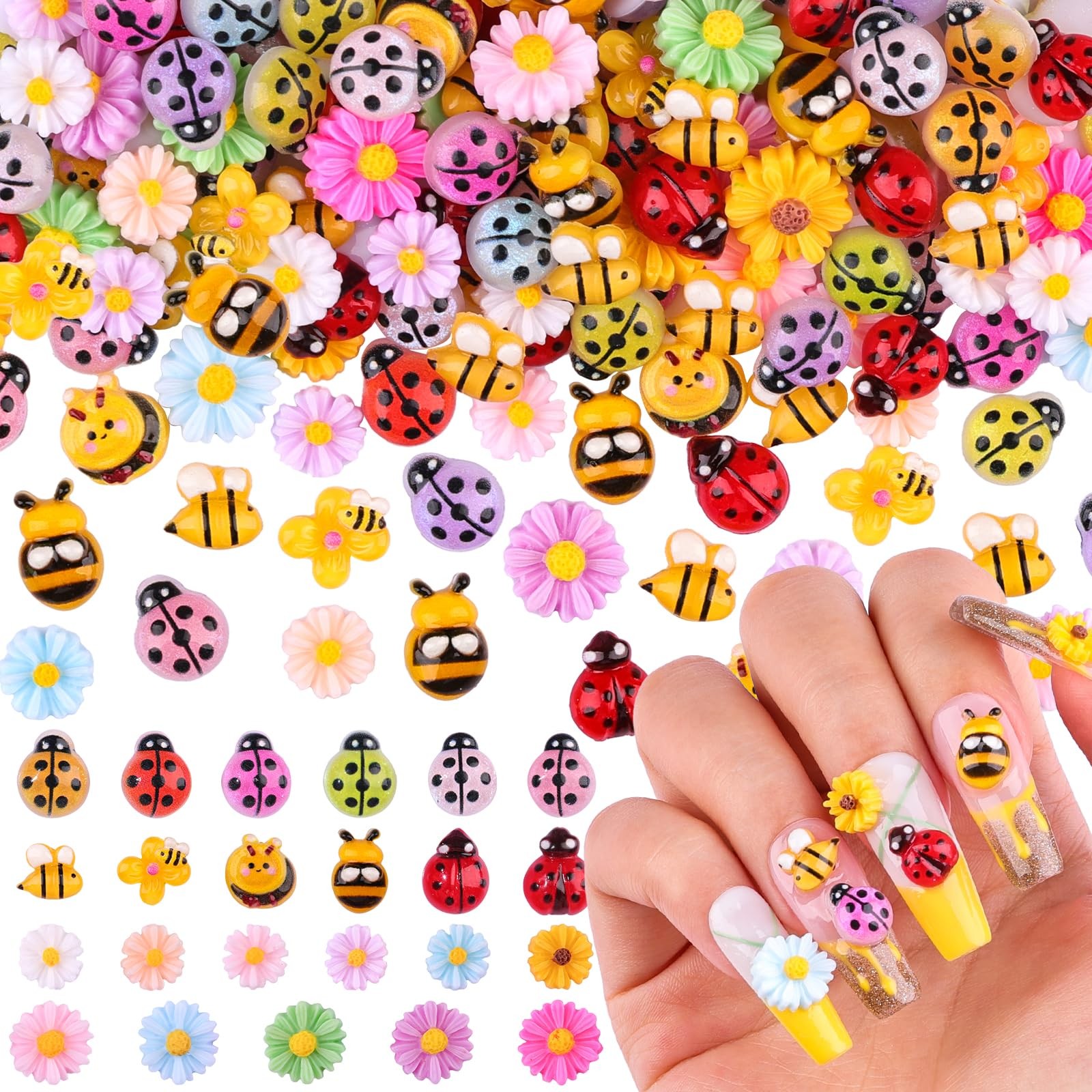 250Pcs Ladybug Nail Charms, Tiny Bee Nail Art Charms Resin Cartoon Daisy Flow…