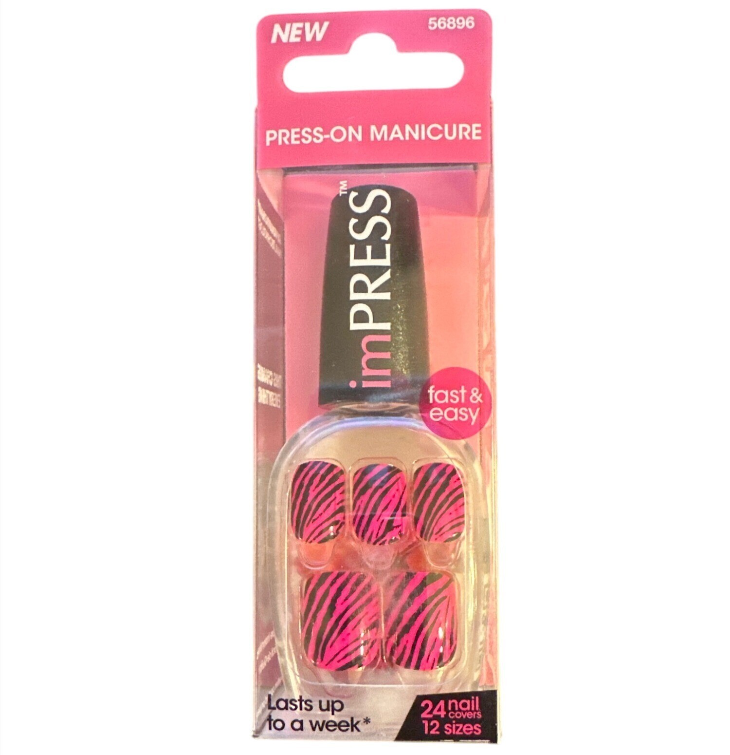 Impress Press-On Manicure Nails Pink & Black Zebra Print 24 Nails LIL DRUMR GIRL