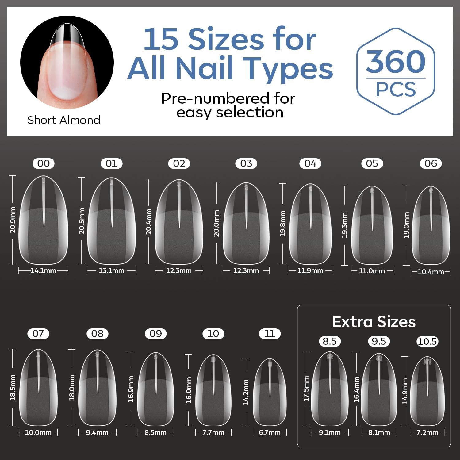 Short Almond Nail Tips, 360pcs Pre-etched Clear Soft Press On Fake Nails Full…