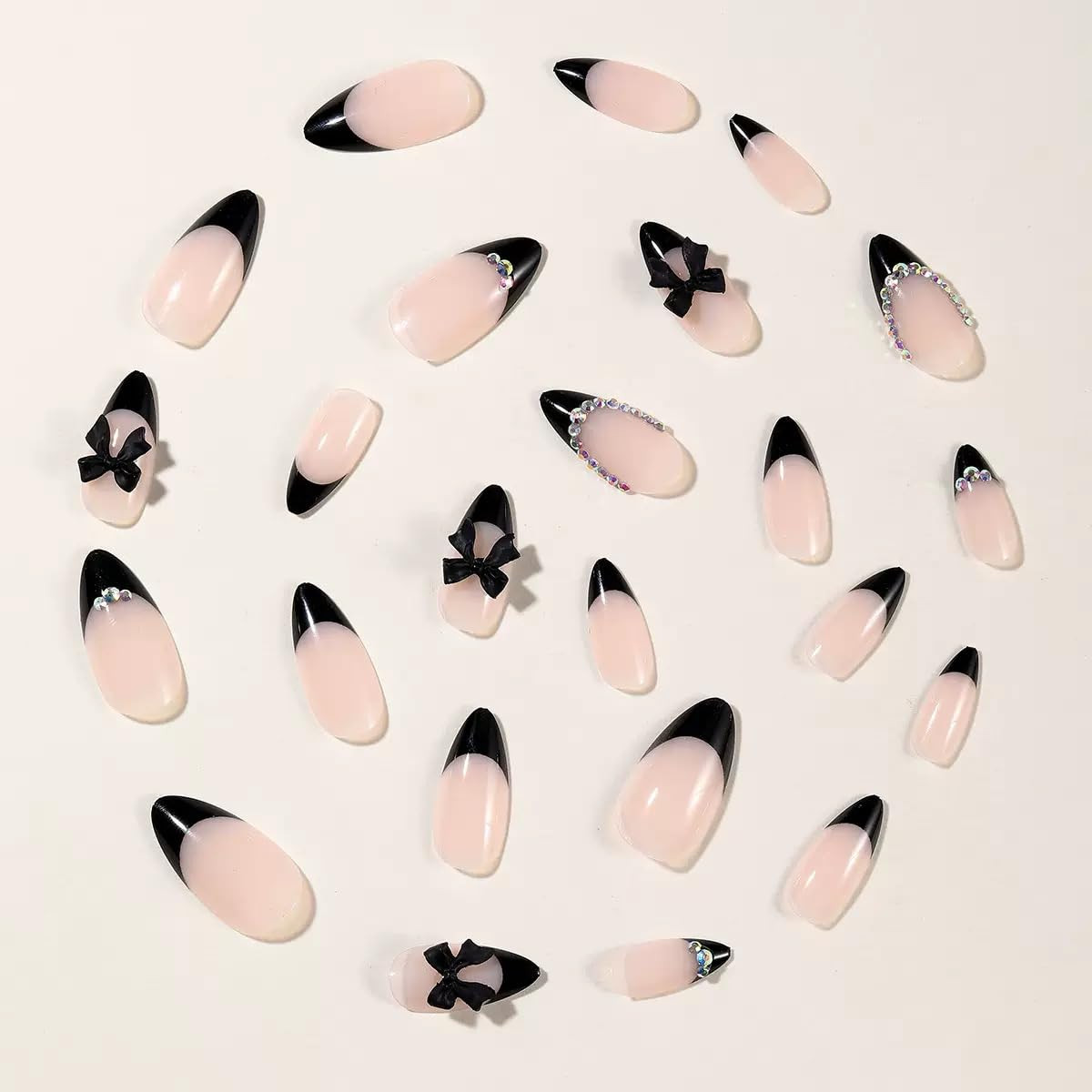 Black French Tip Press on Nails Medium Almond Fake Nails Rhinestone with Bow Des