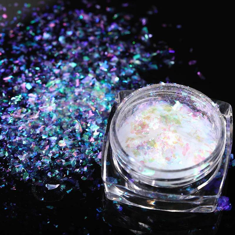 Aurora Chameleon Nail Flakes Transparent White Rainbow Unicorn Mirror Powder UK