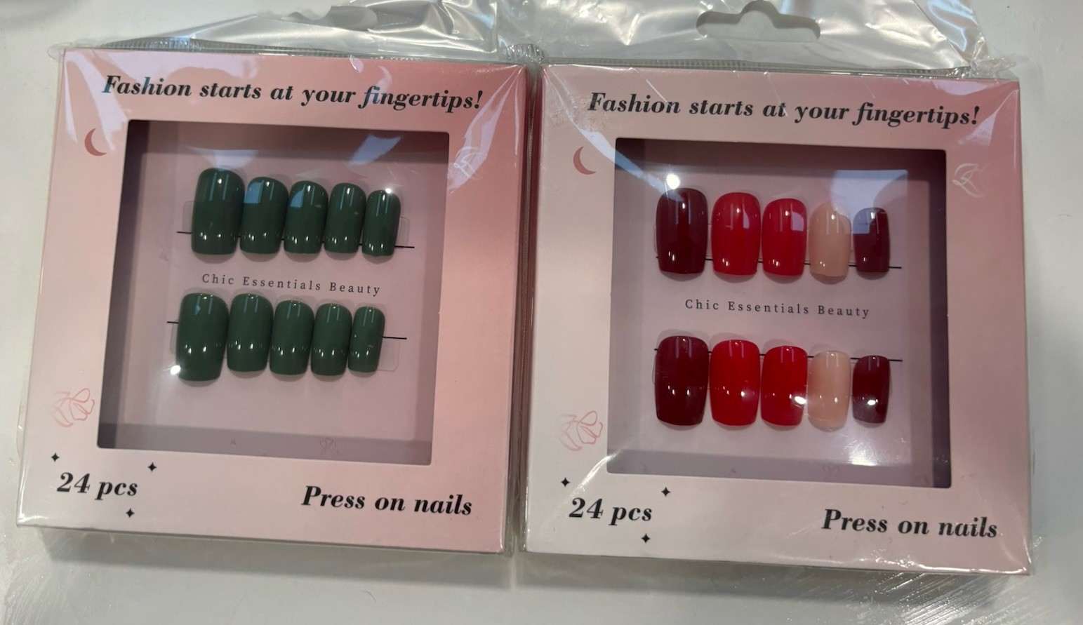 Lot of 2 Chic Essentials Press On Nails 24 Pcs Each Red & Green New Sealed