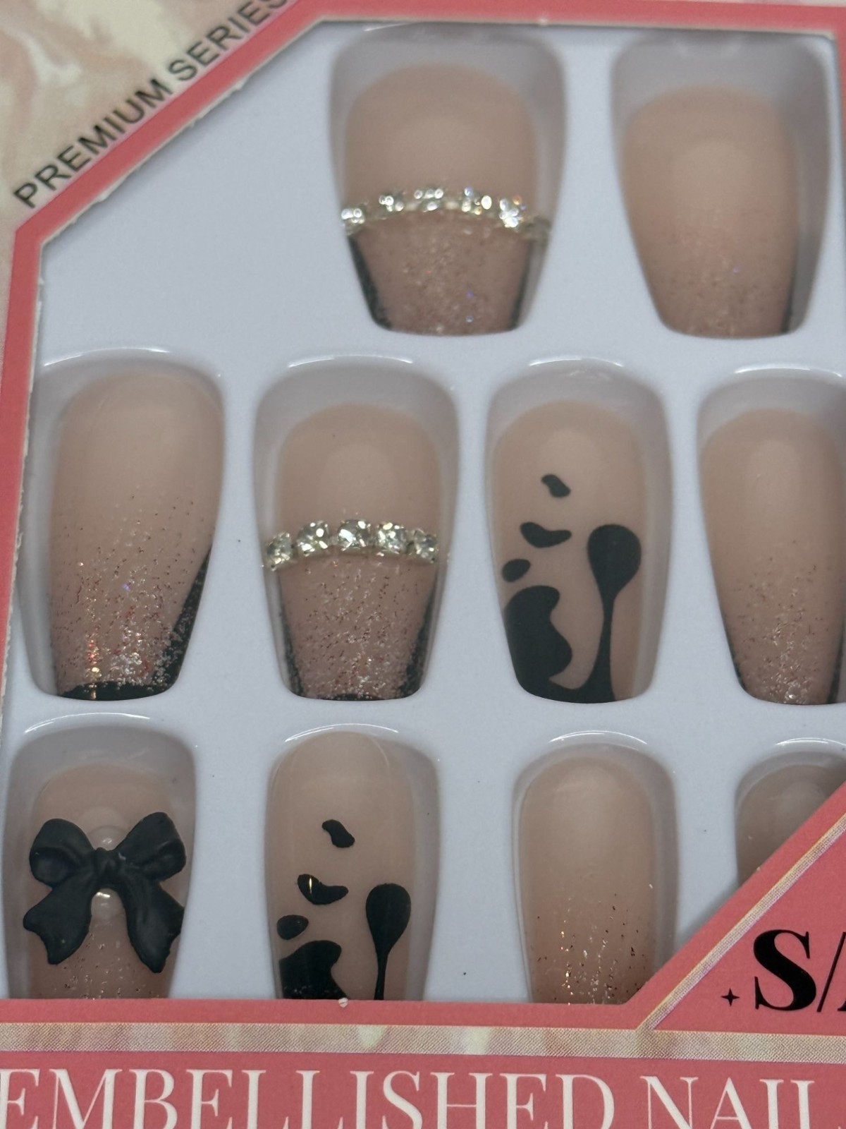 Press On Nails Nude Glitter French Tip Embellished Rhinestone Coffin 12pc