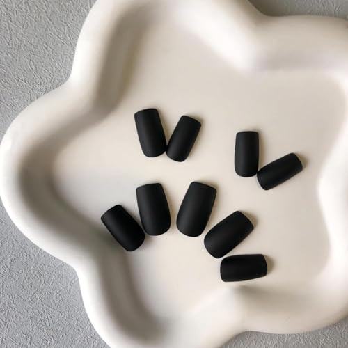 Matte Black Press on Nails Short Medium Square Glue on Nails square mat black
