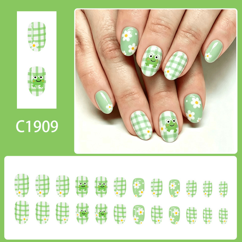 48Pcs Almond Green Plaid Frog Press on Nails Cute Flower Daily Casual Wear