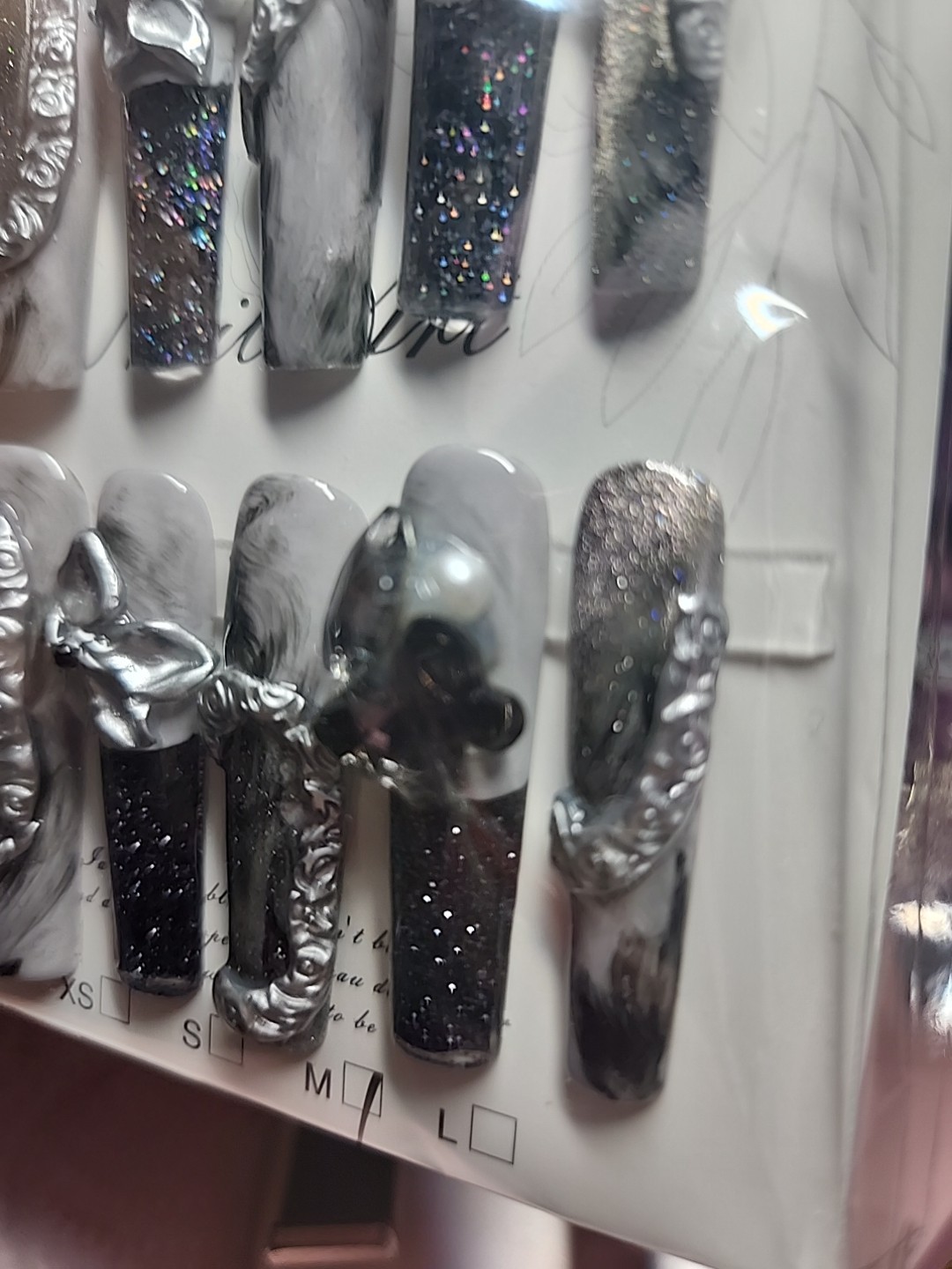 Press On Nails Handmade Medium Long Square Charcoal cateyes Water nails