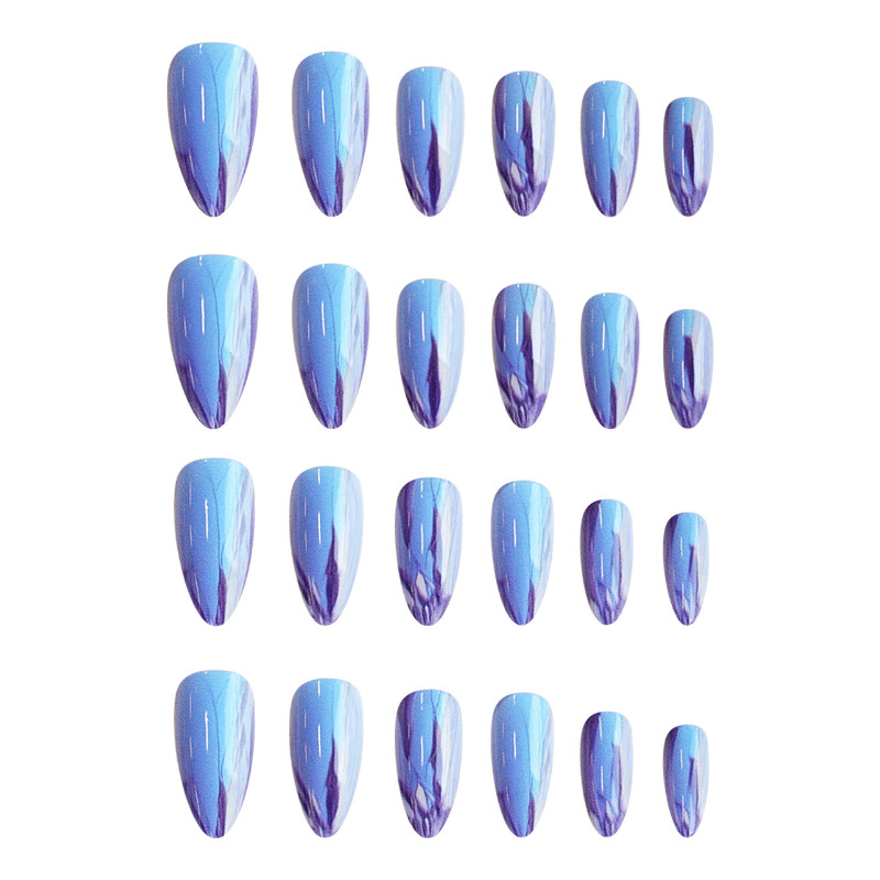 48P Long Almond Press on Nails, Purple Blue Chrome Mirror Trendy Fake Nails