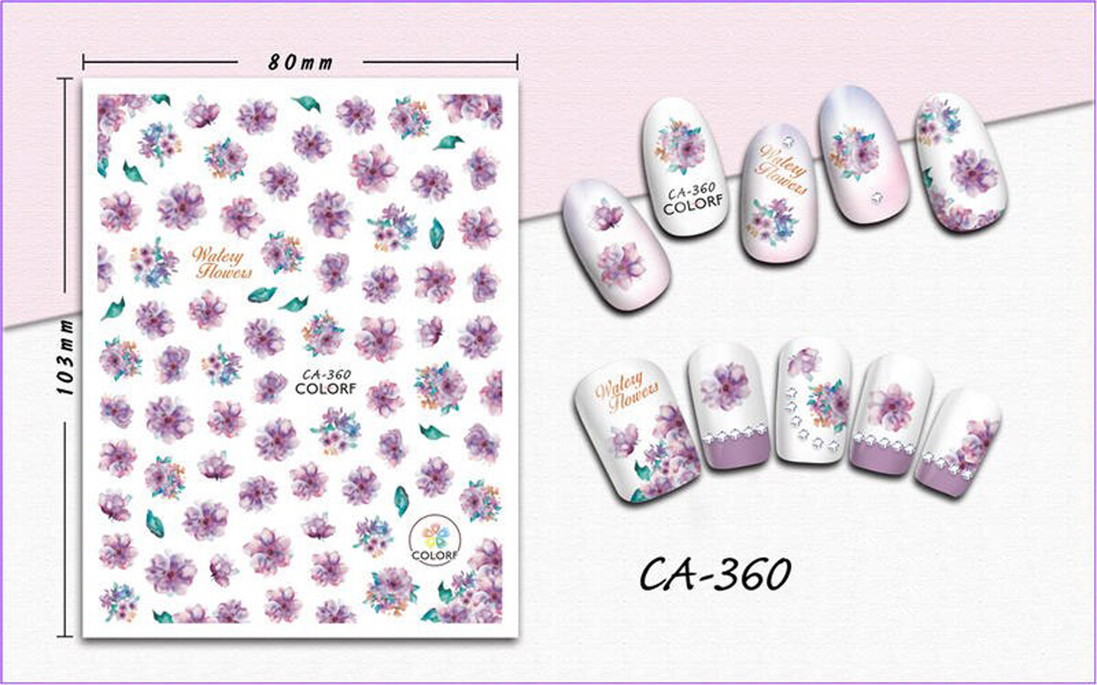Nail art 3D stickers decal pink purple flowers green leaves CA360