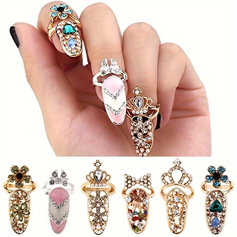 Luxury Crystal Flower Nail Rings Rhinestone Jewelry fits Fashion Runway Styling